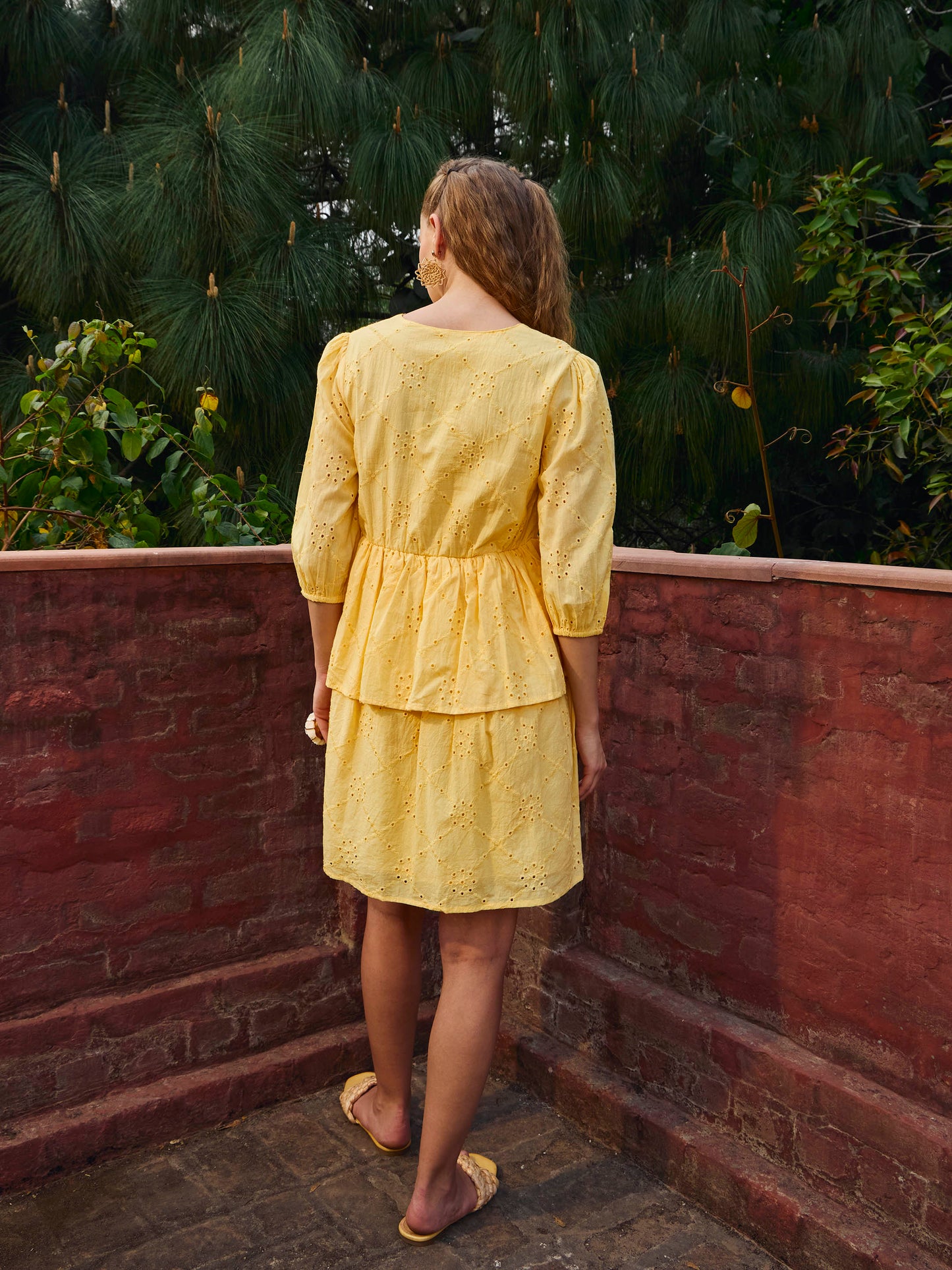 Women Yellow Schiffli V-Neck Frill Detail Short Dress