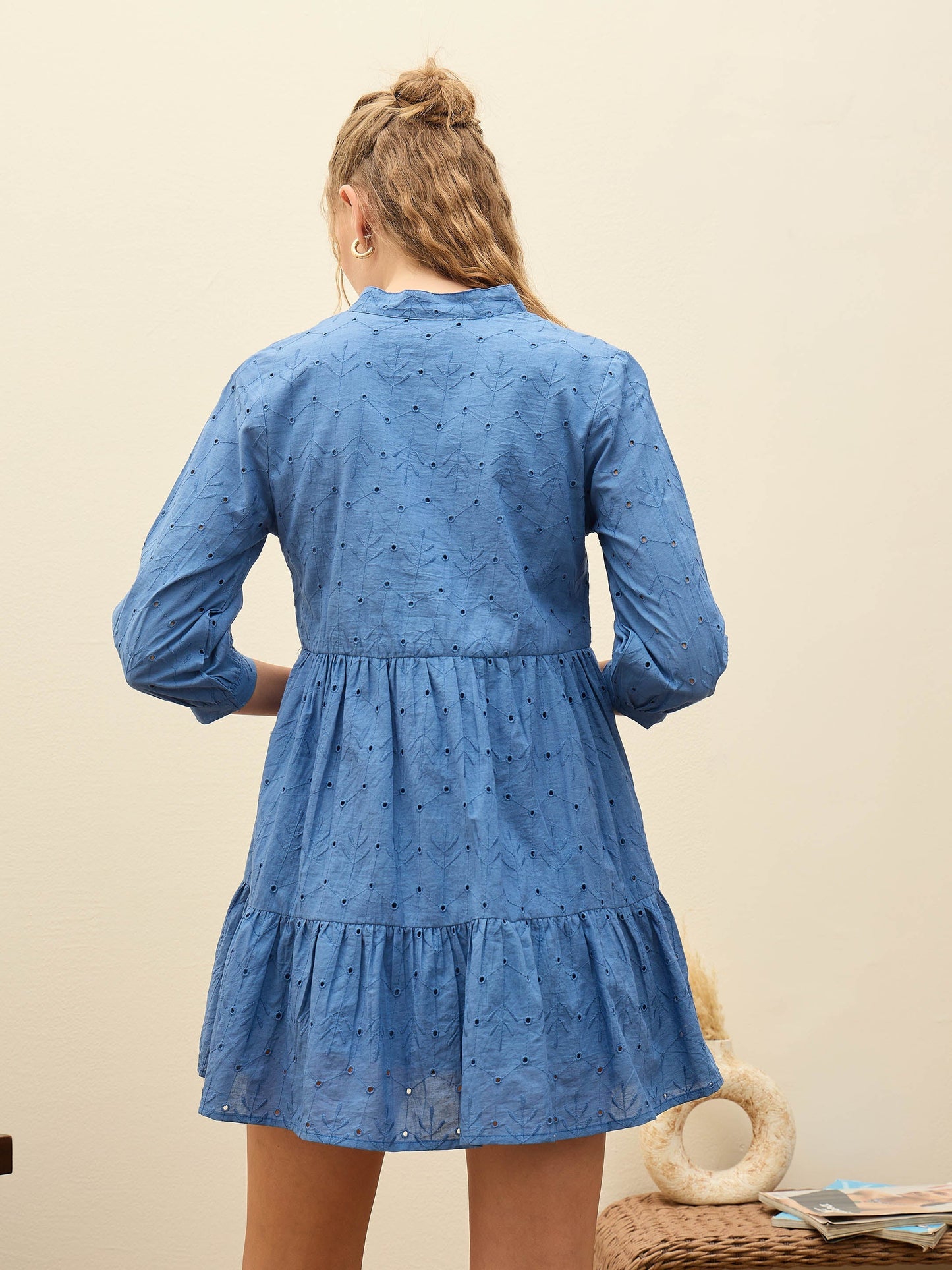 Women Blue Schiffli Mandarin Collar Short Dress