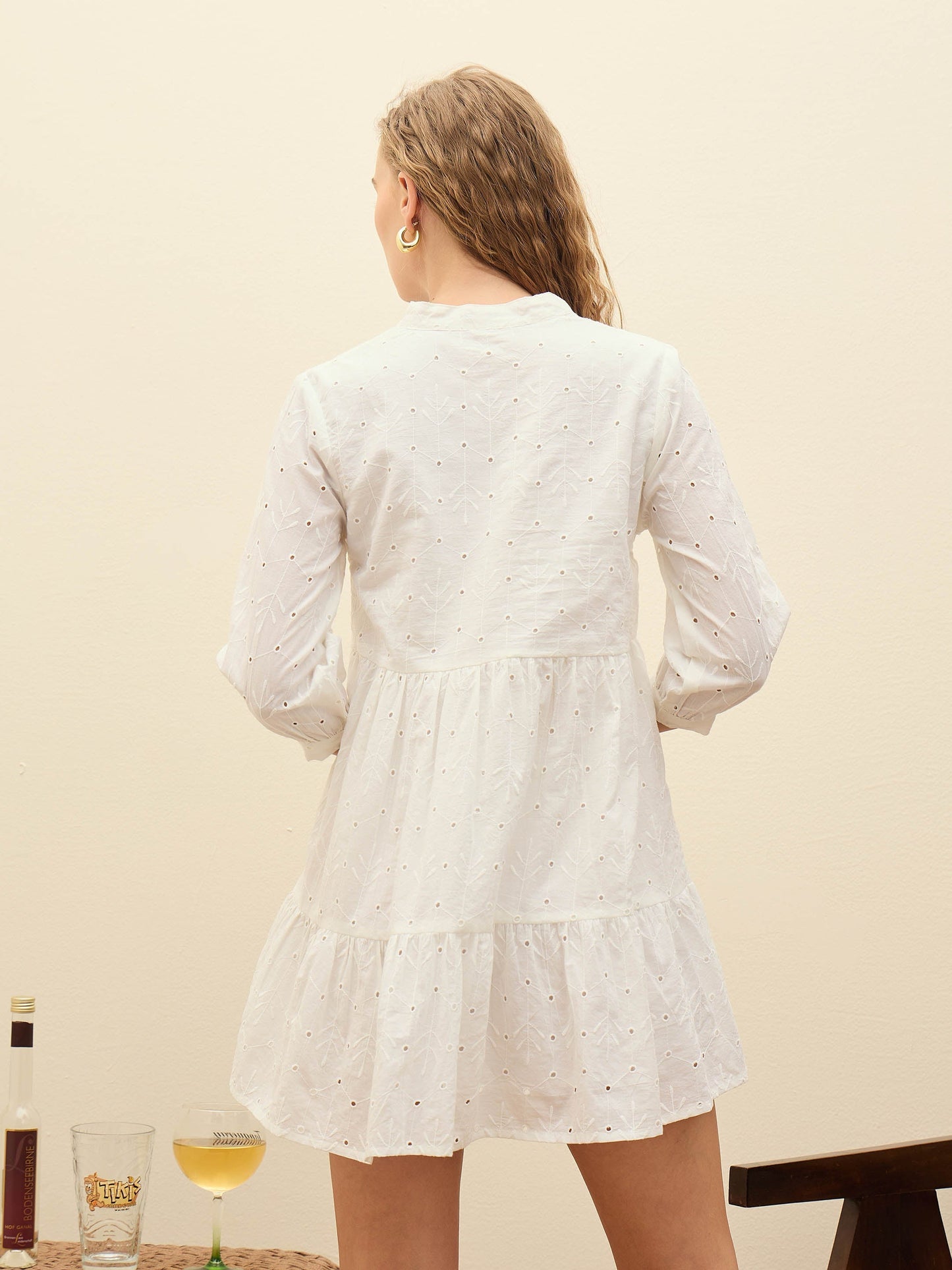 Women White Schiffli Mandarin Collar Short Dress