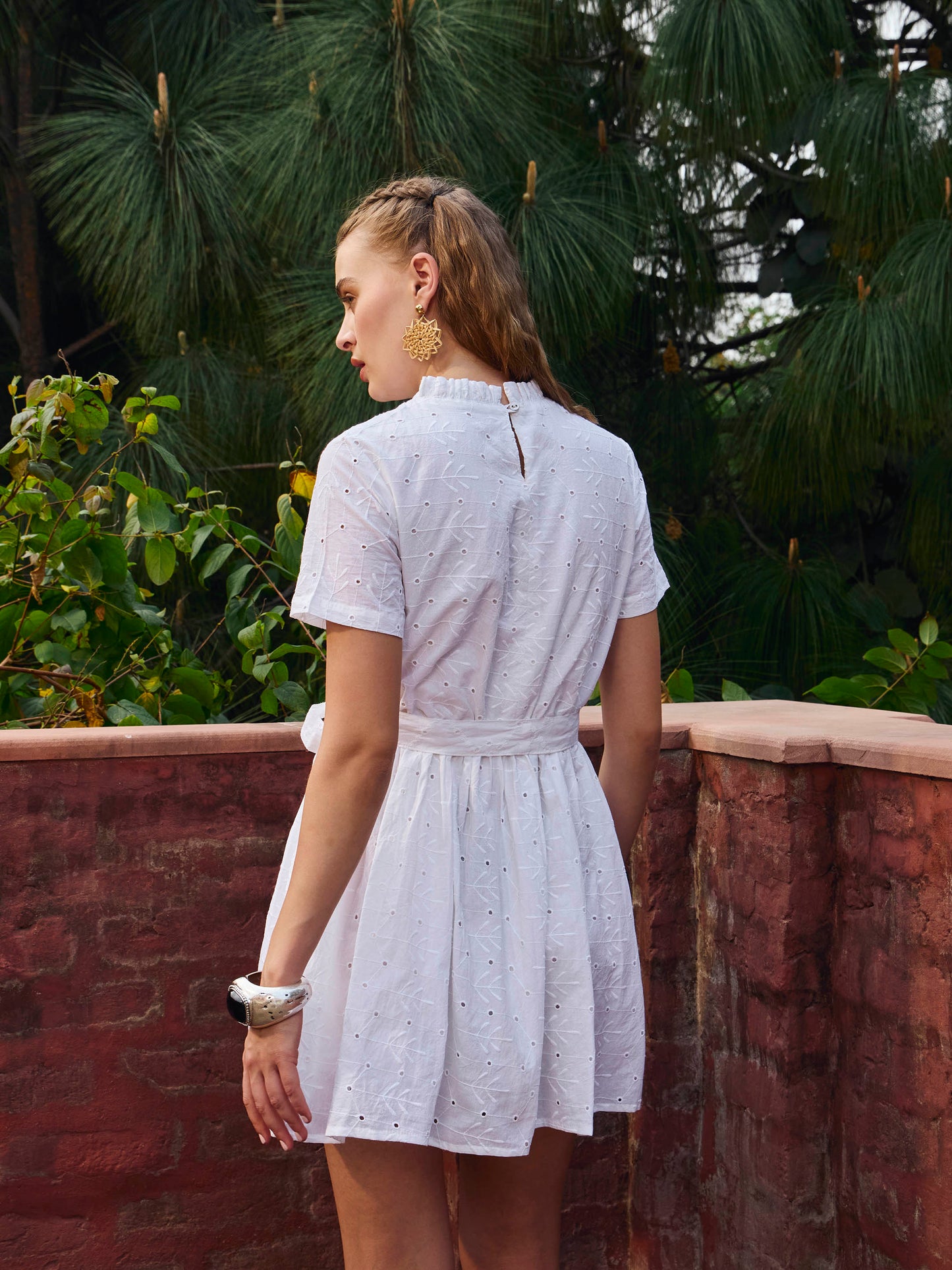 Women White Schiffli Round Neck Belted Short Dress