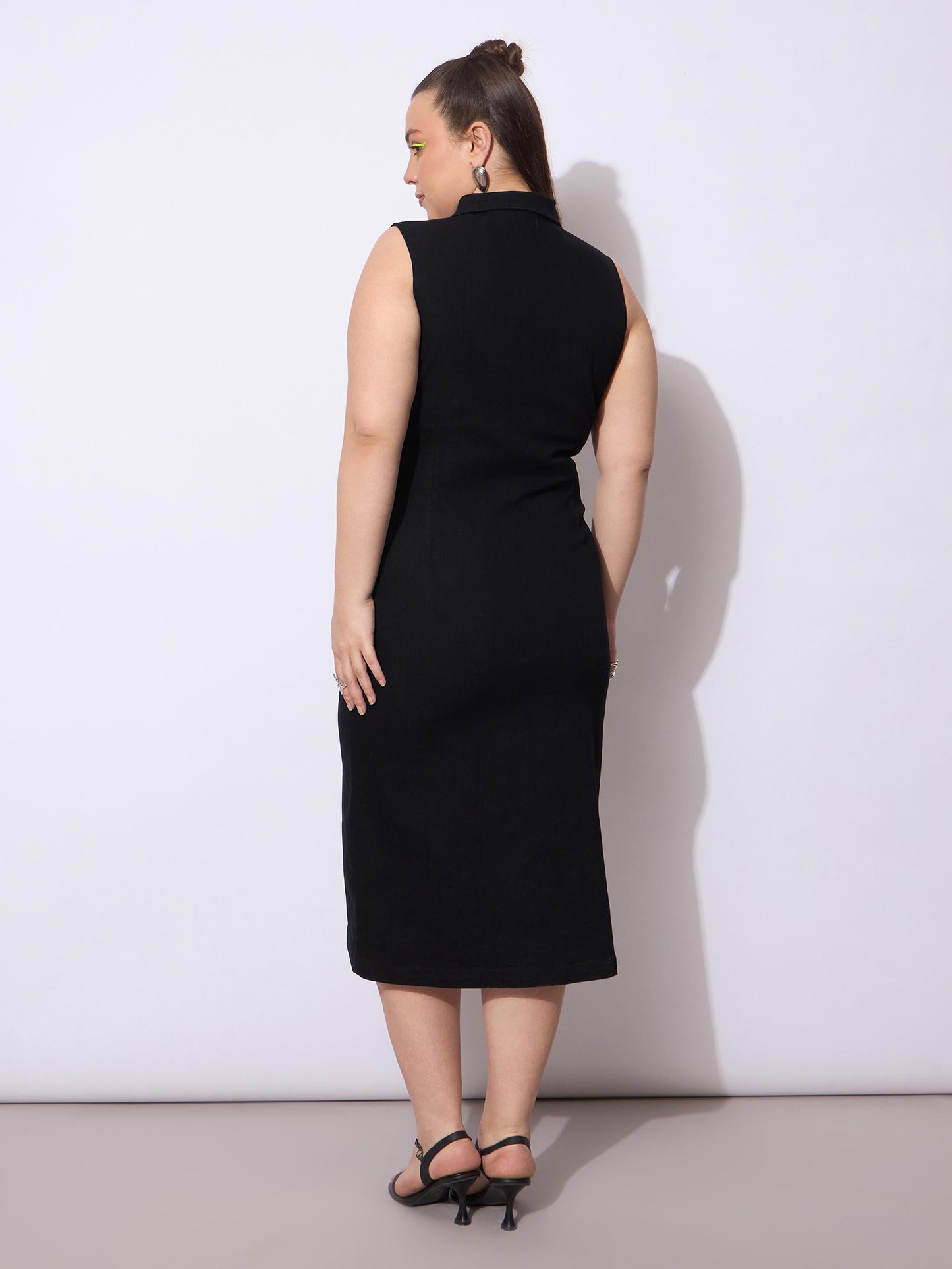 Black Wash Denim Front Button Midi Dress-SASSAFRAS Curve