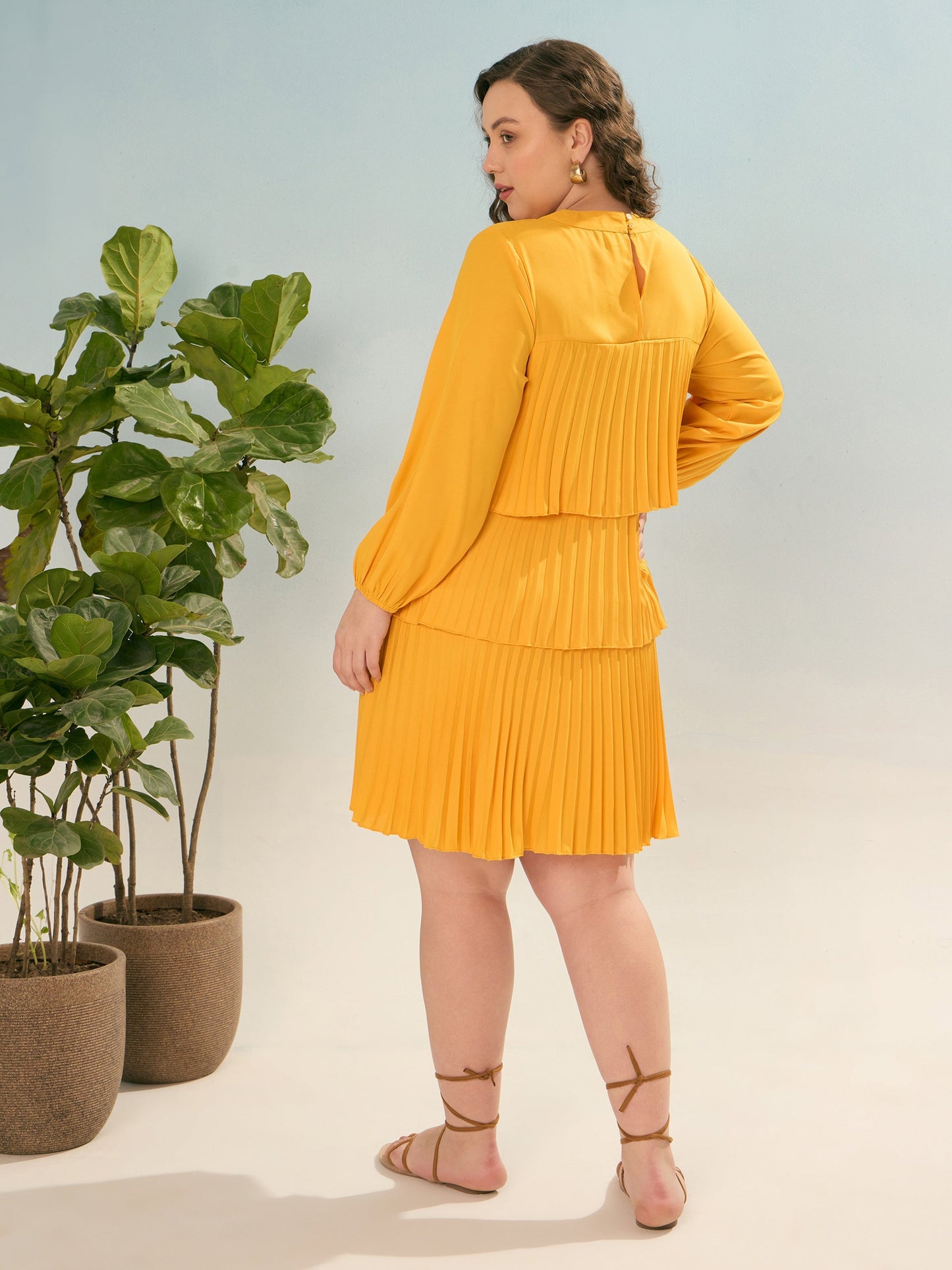 Mustard Pleated Skater Tiered Dress-SASSAFRAS Curve
