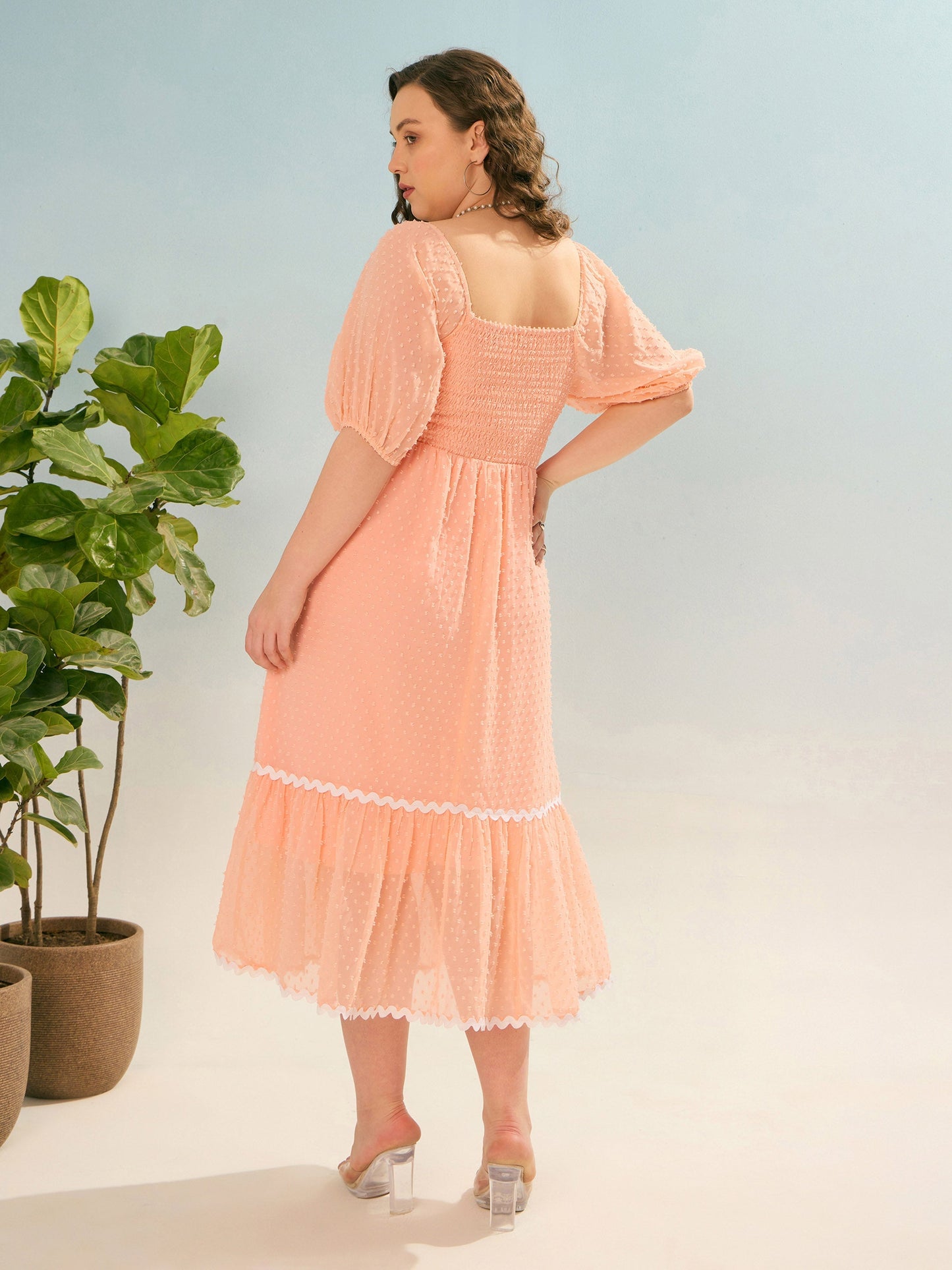 Peach Dobby Back Smocking Midi Dress-SASSAFRAS Curve