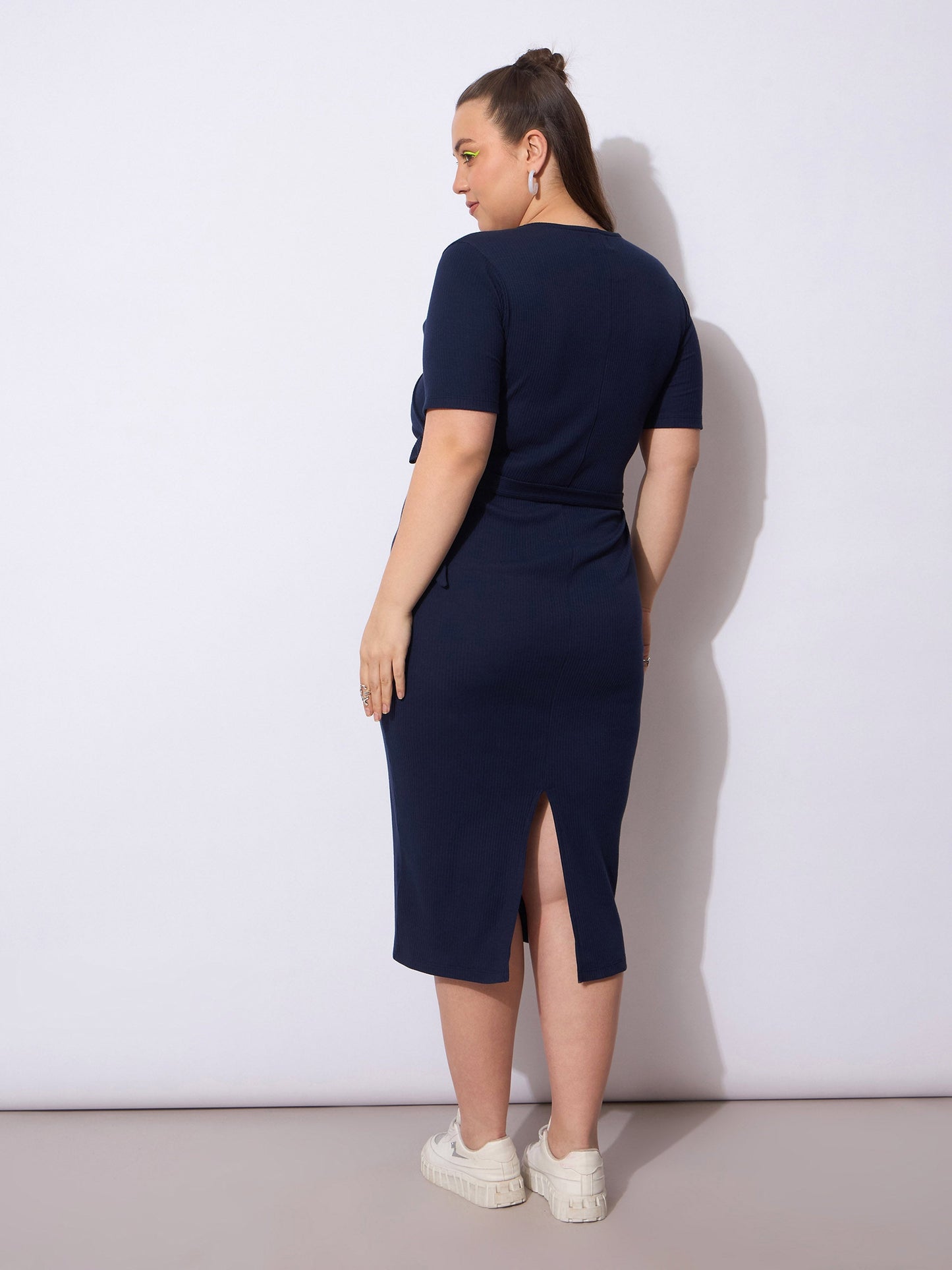 Navy Rib Wrap Side Knot Bodycon Midi Dress