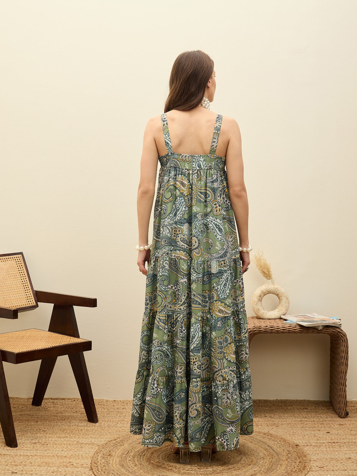 Women Green Paisley Strappy Tiered Maxi Dress