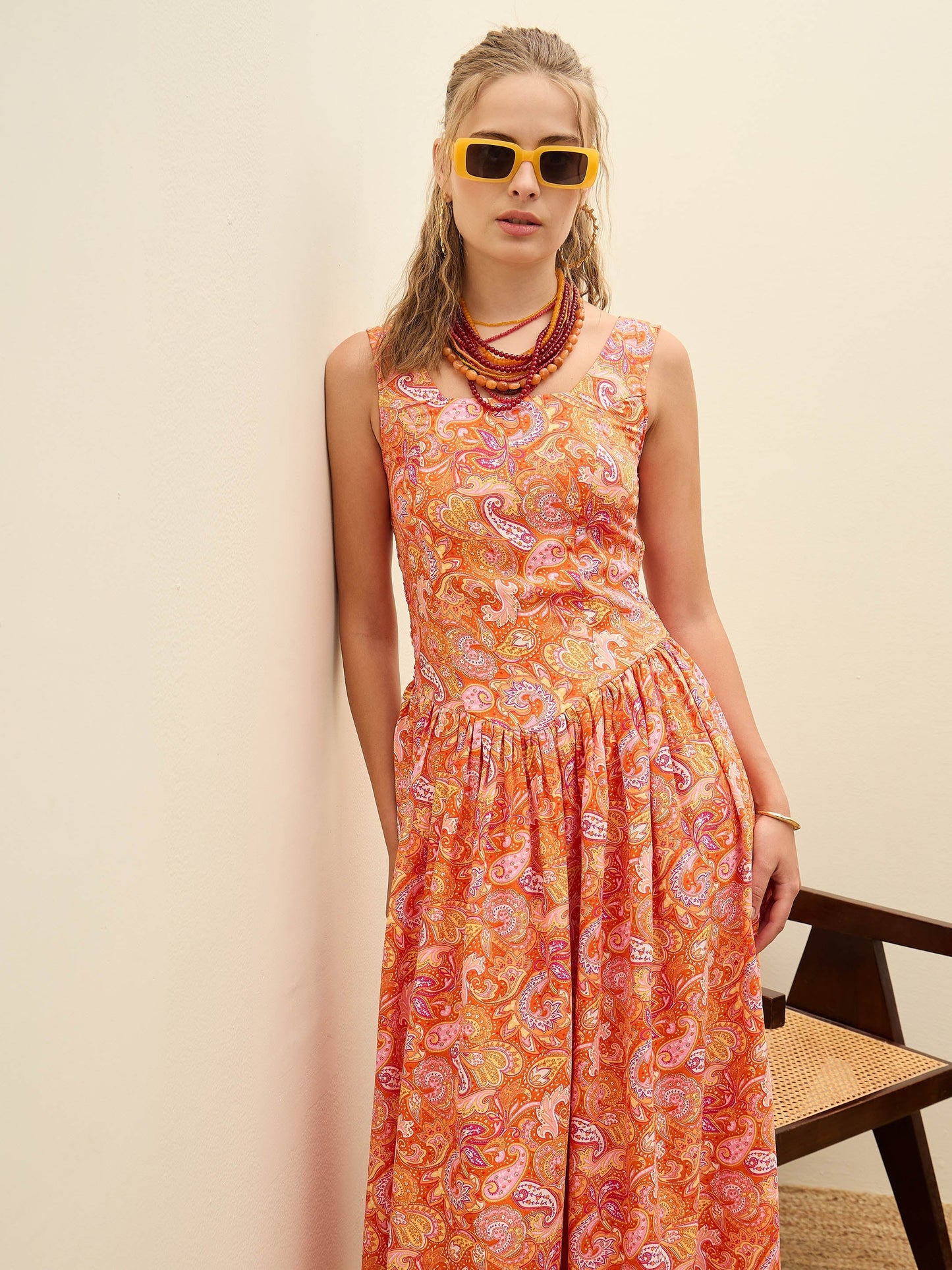 Women Orange Paisley Strappy Midi Dress