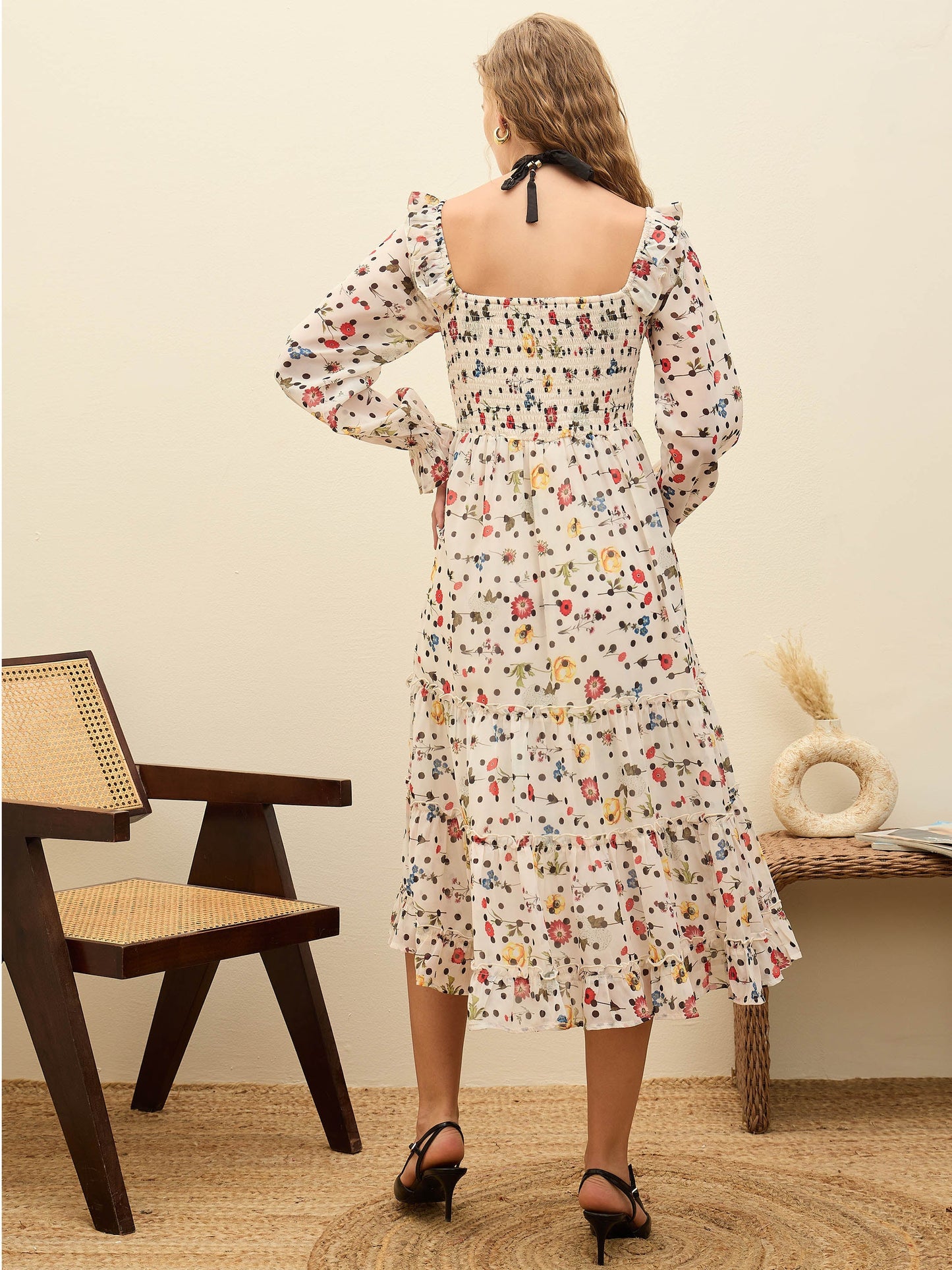Women Off-White Ditsy Floral Square Neck Maxi Dress