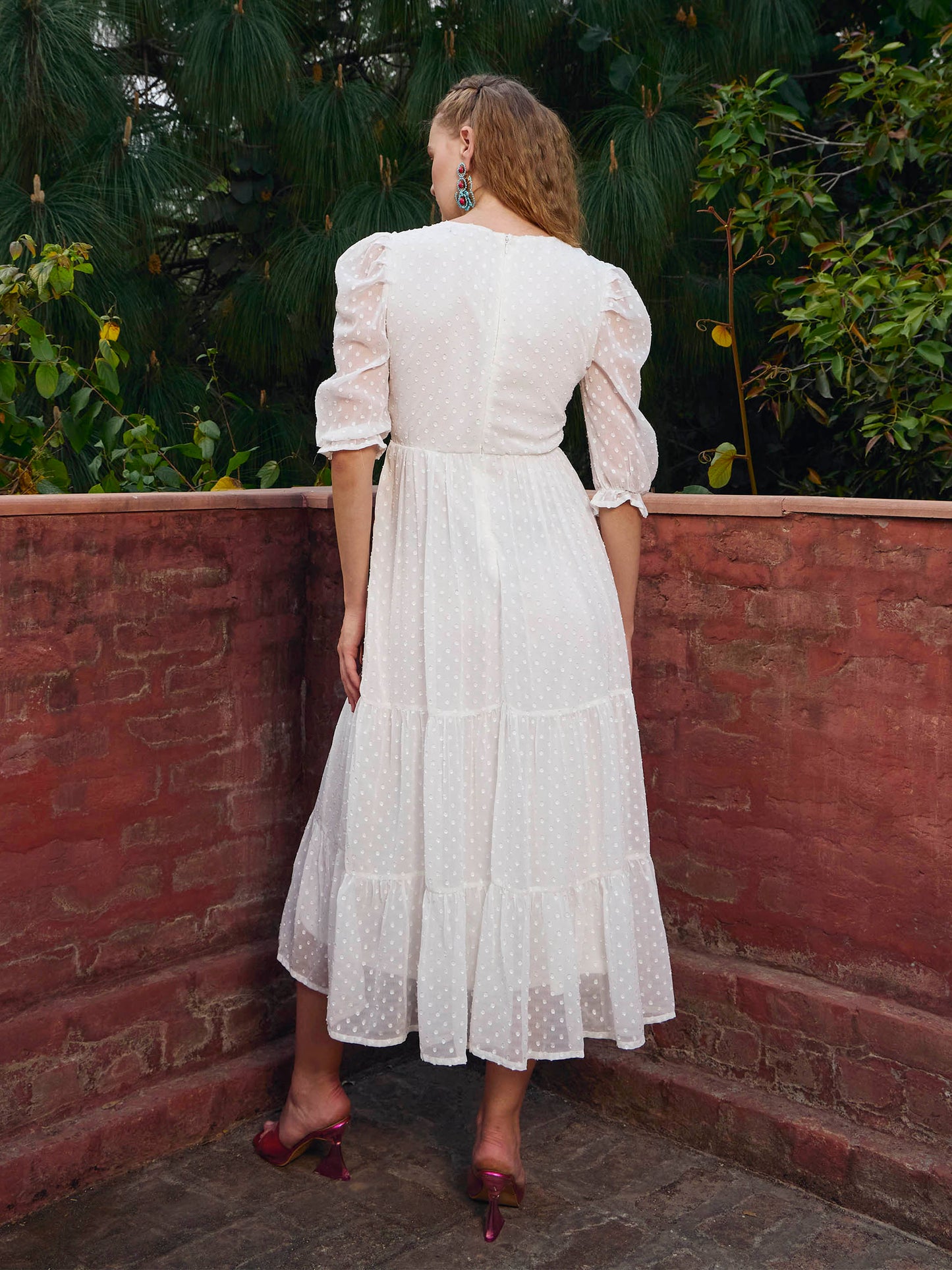 Women White Dobby Tiered Midi Dress