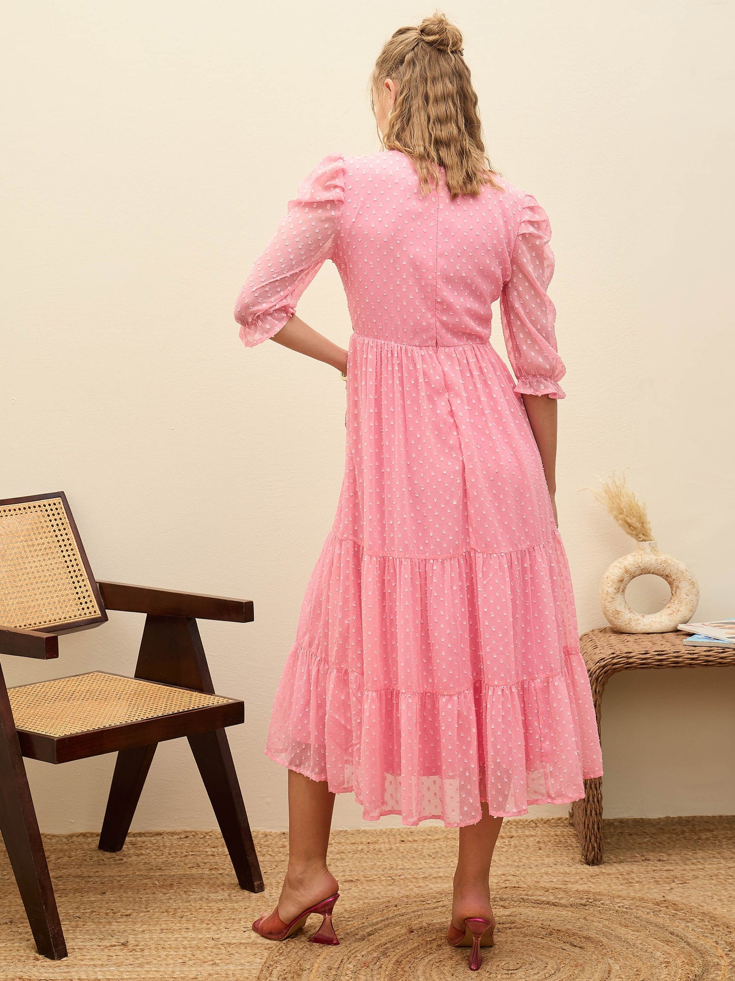 Women Pink Dobby Tiered Midi Dress