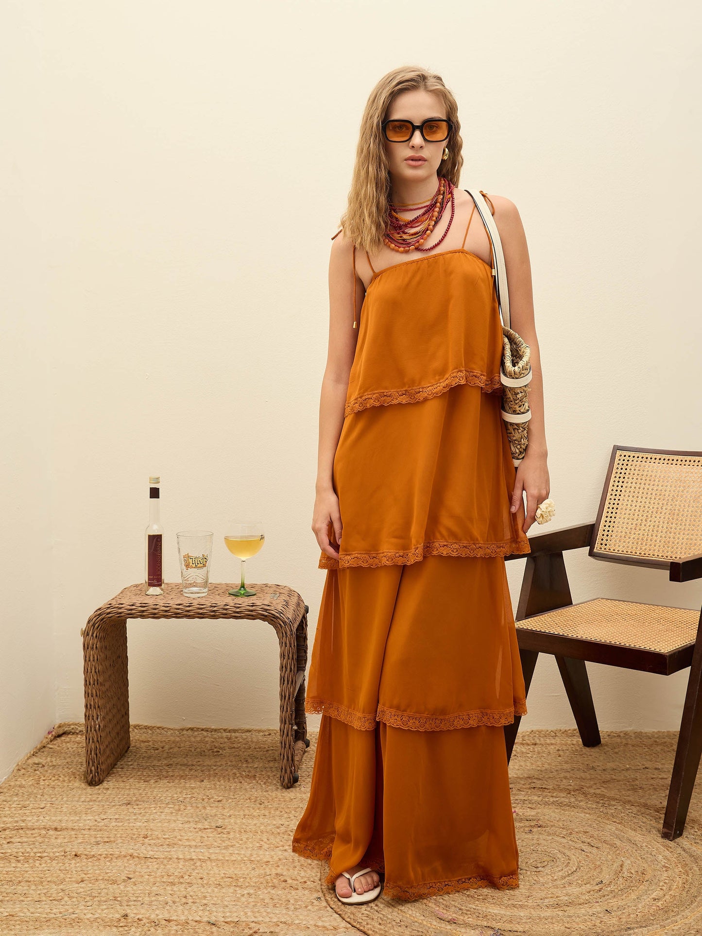 Women Rust Frill Strappy Maxi Dress