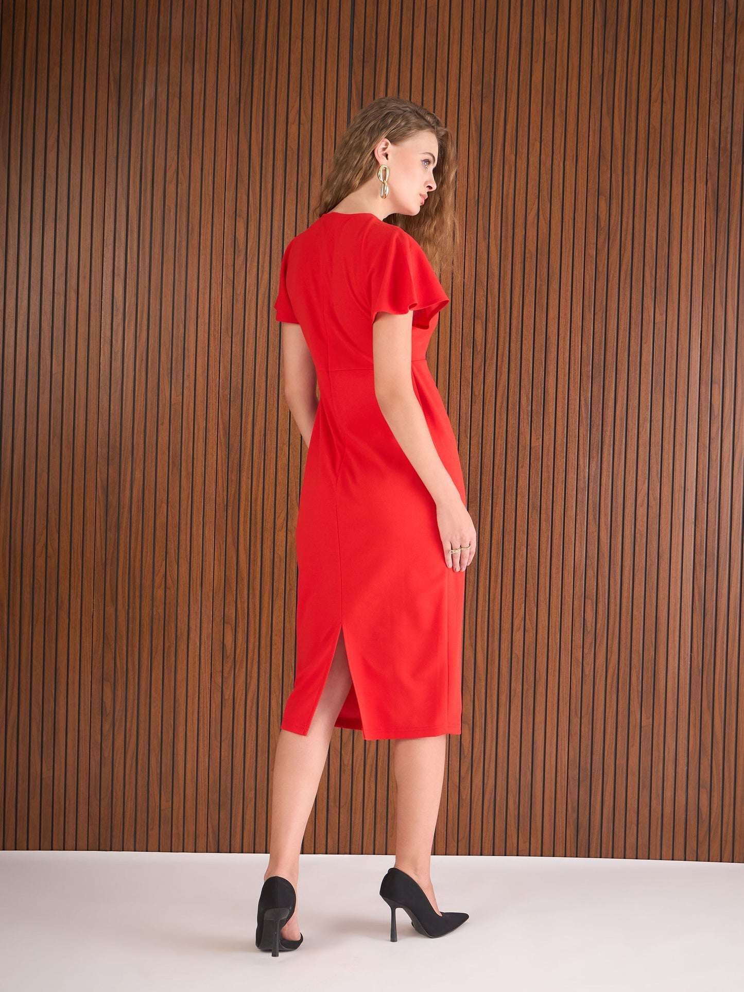 Women Red V-Neck Bodycon Dress