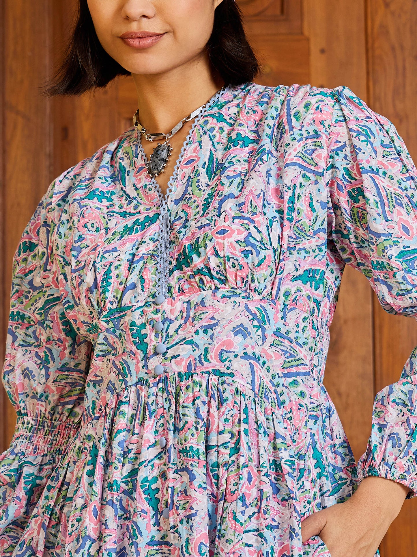 Women Blue Paisley V-Neck Gathered Maxi Dress