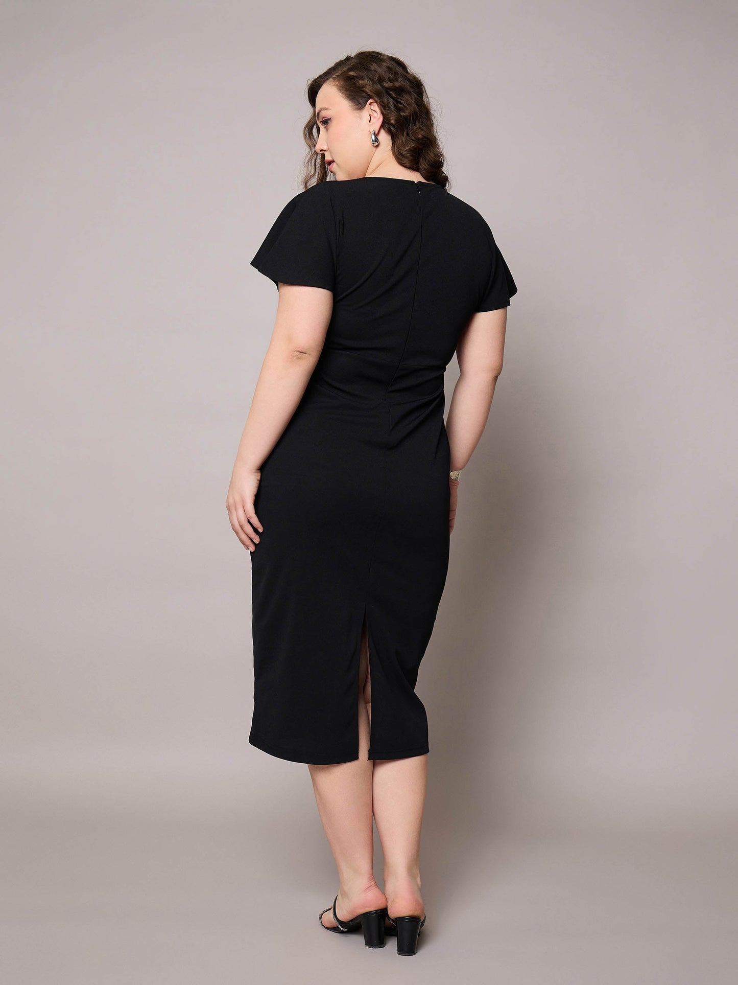 Black V Neck Short Sleeves Midi Dress