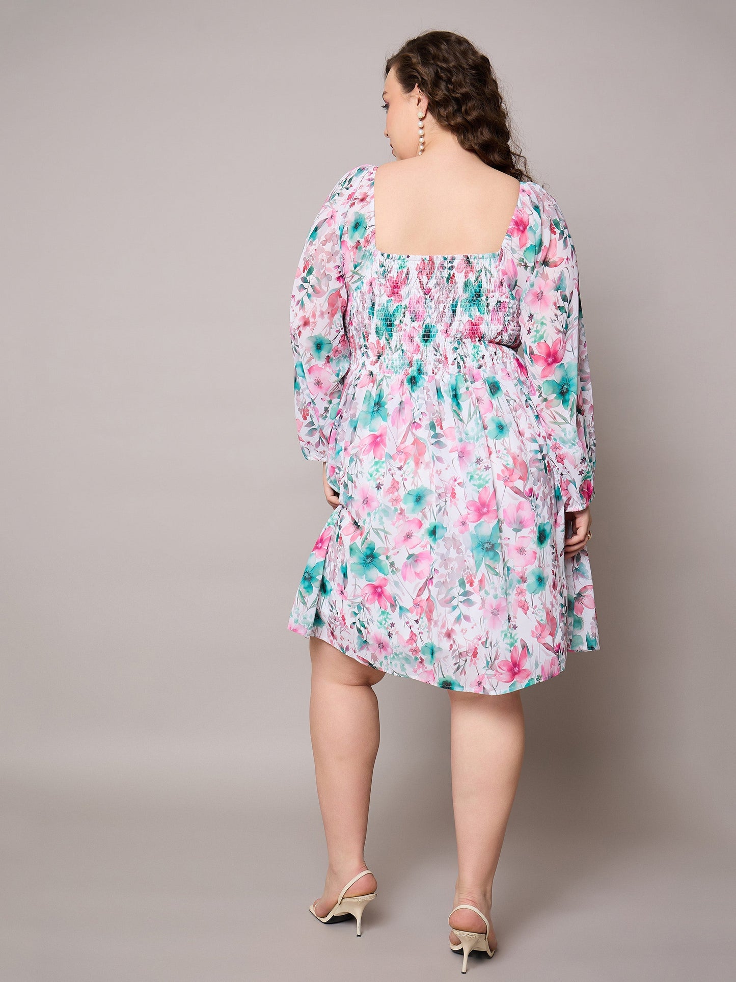 Pink Floral Square Neck Short Skater Dress-SASSAFRAS Curve