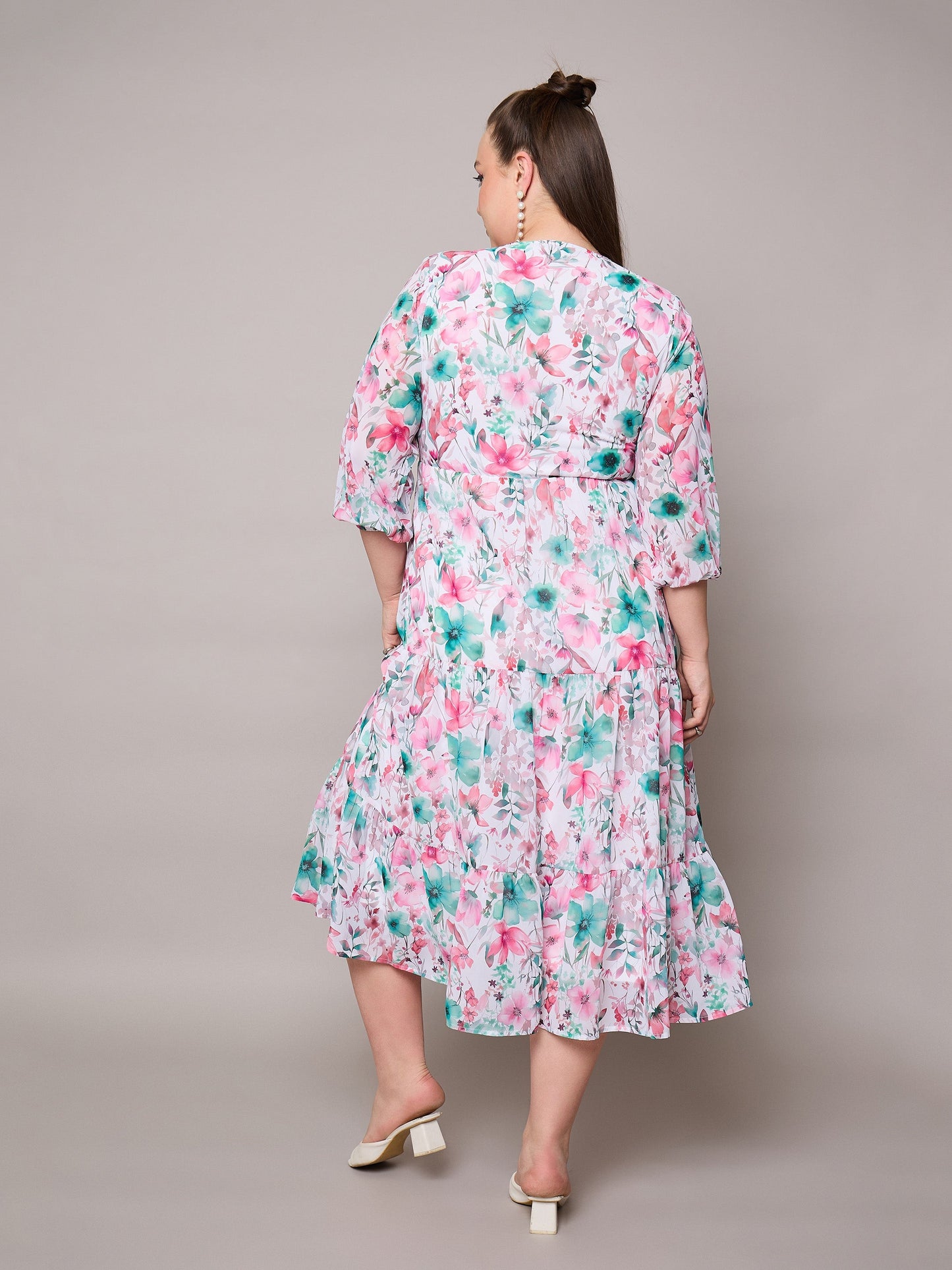 Pink Floral Wrap Neck Tiered Midi Dress-SASSAFRAS Curve