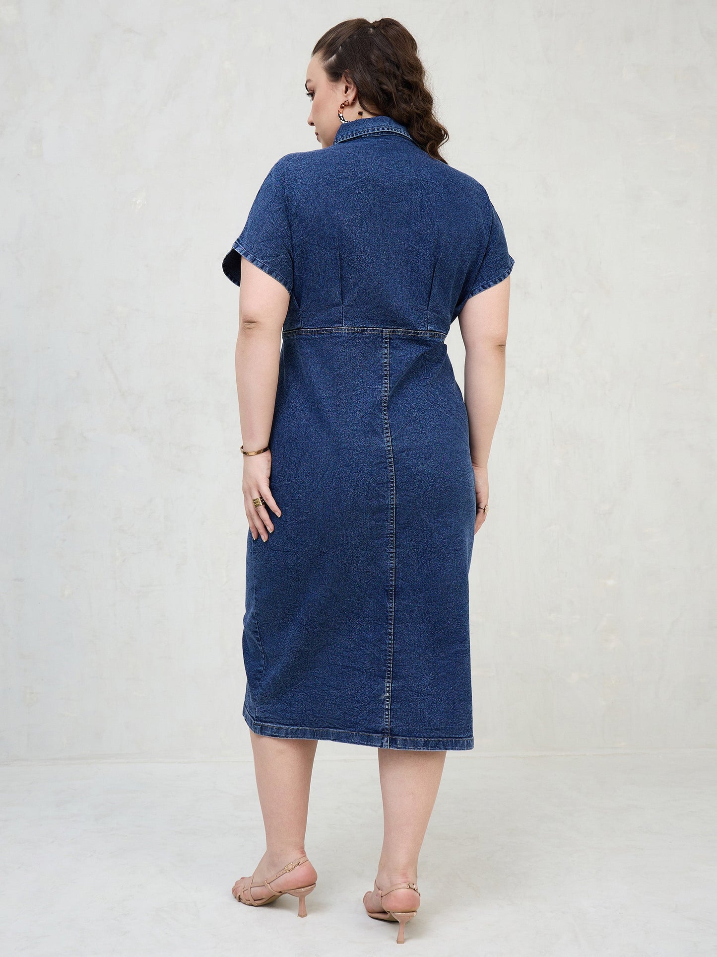 Navy Denim Kimono Sleeves Midi Dress-SASSAFRAS Curve