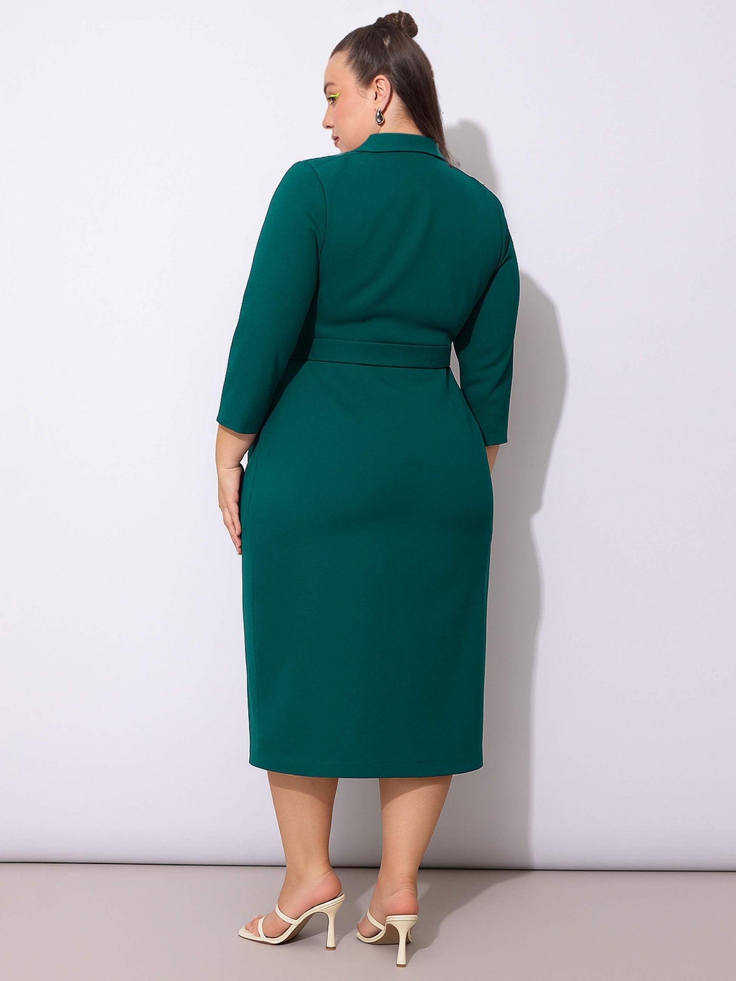 Green Notch Collar Belted Bodycon Dress