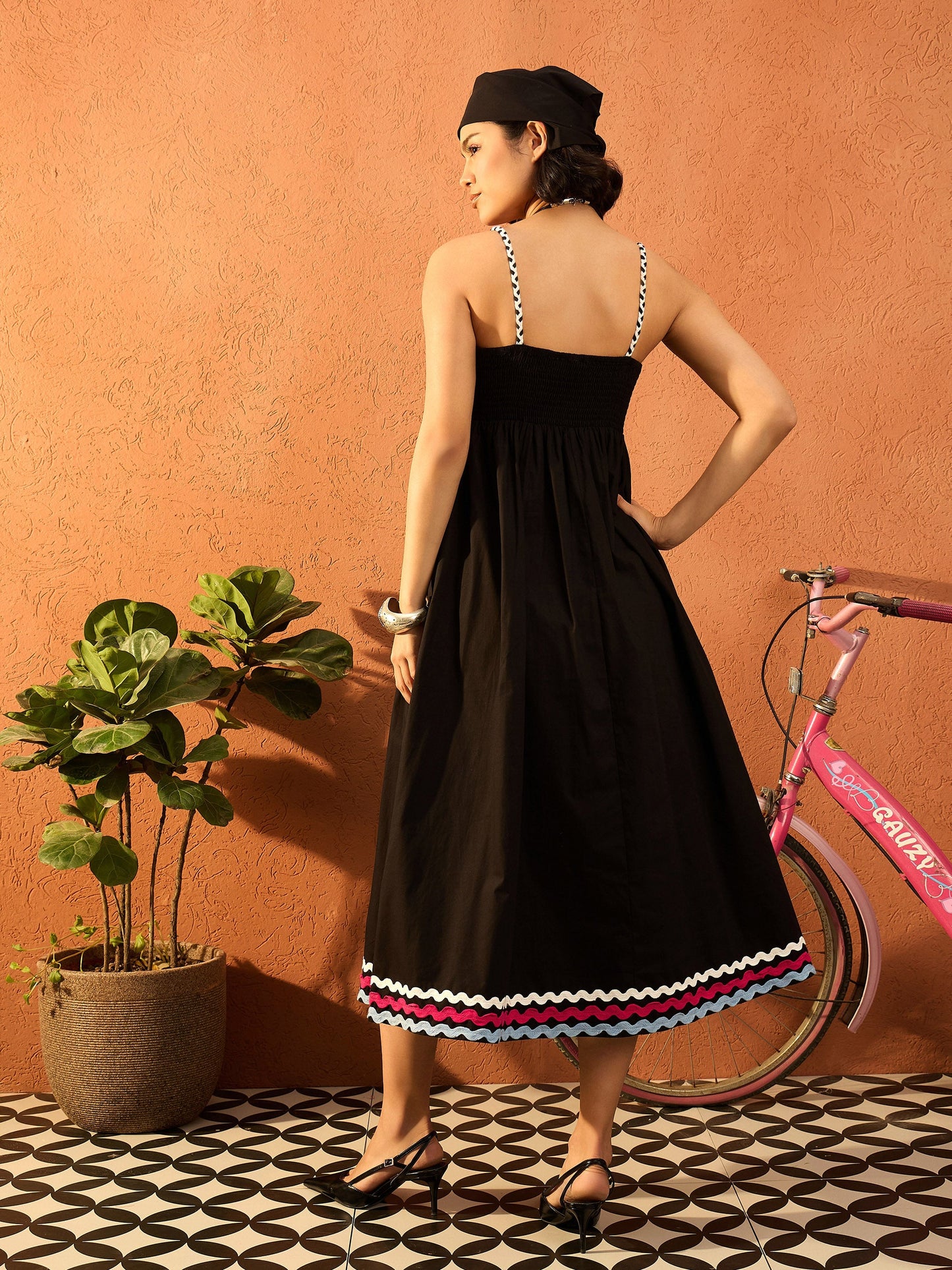 Women Black Ric Rac Lace Strappy Midi Dress