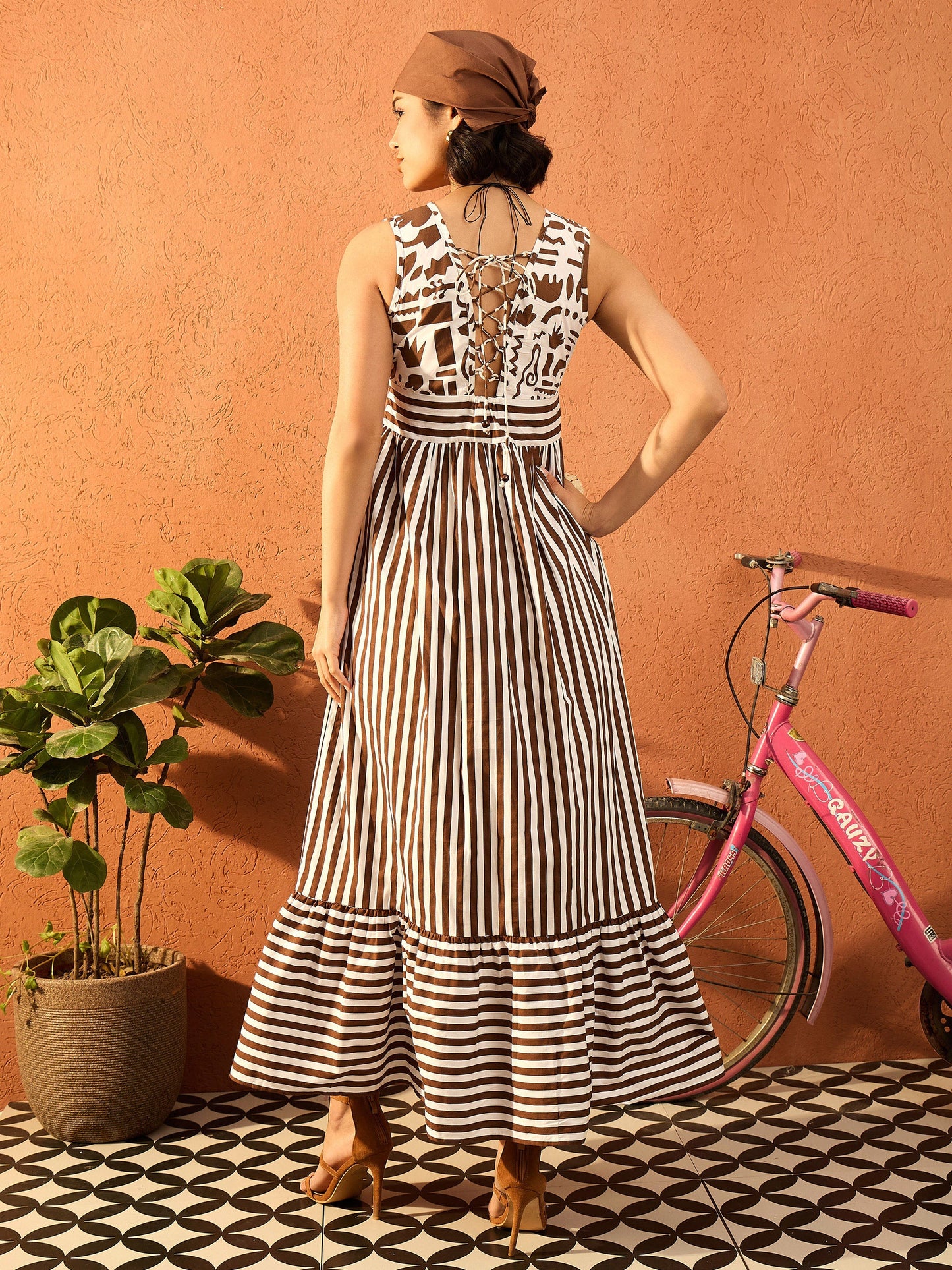 Women Brown & White Stripes Back-Tie Dori Cut-out Tiered Maxi