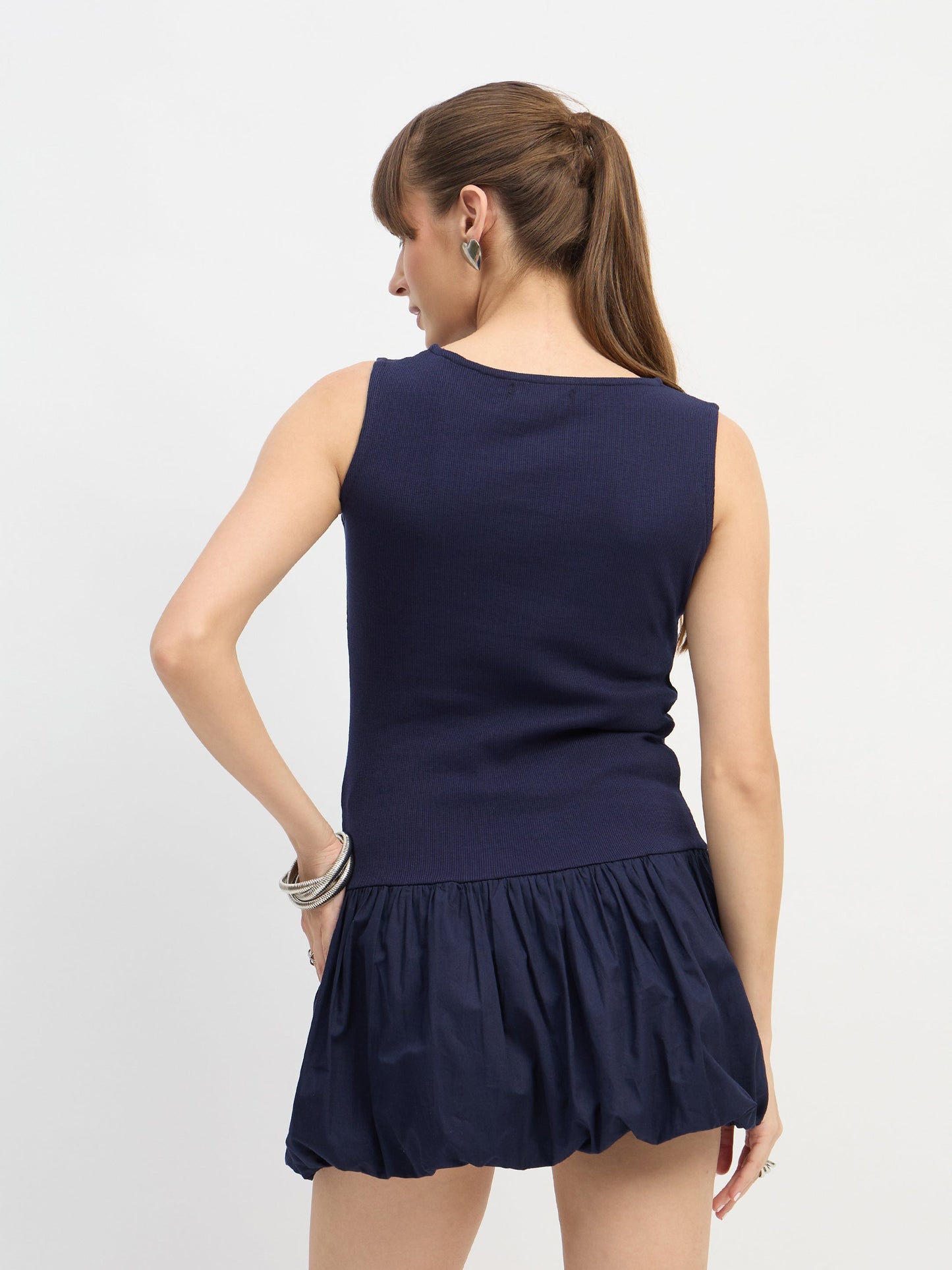 Women Navy Blue Rib Balloon Hem Detail Short Dress