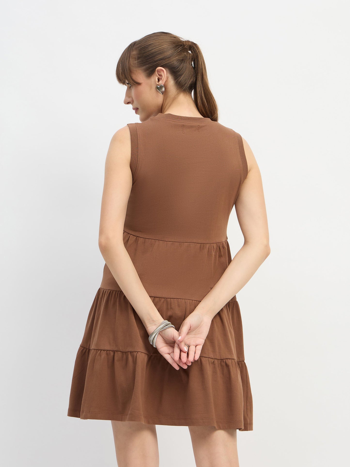 Women Brown Jersey Sleeveless Tiered Short Dress