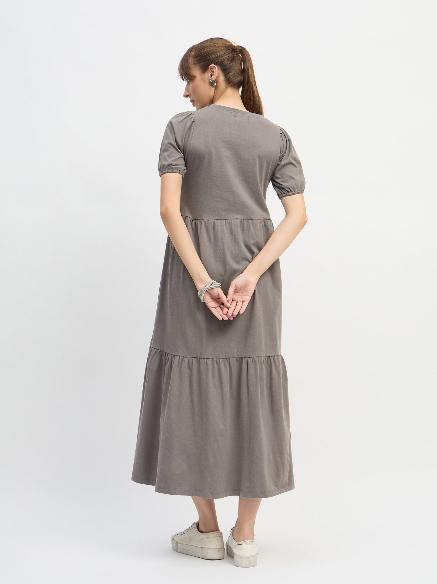 Women Grey Puff Sleeve Midi Dress