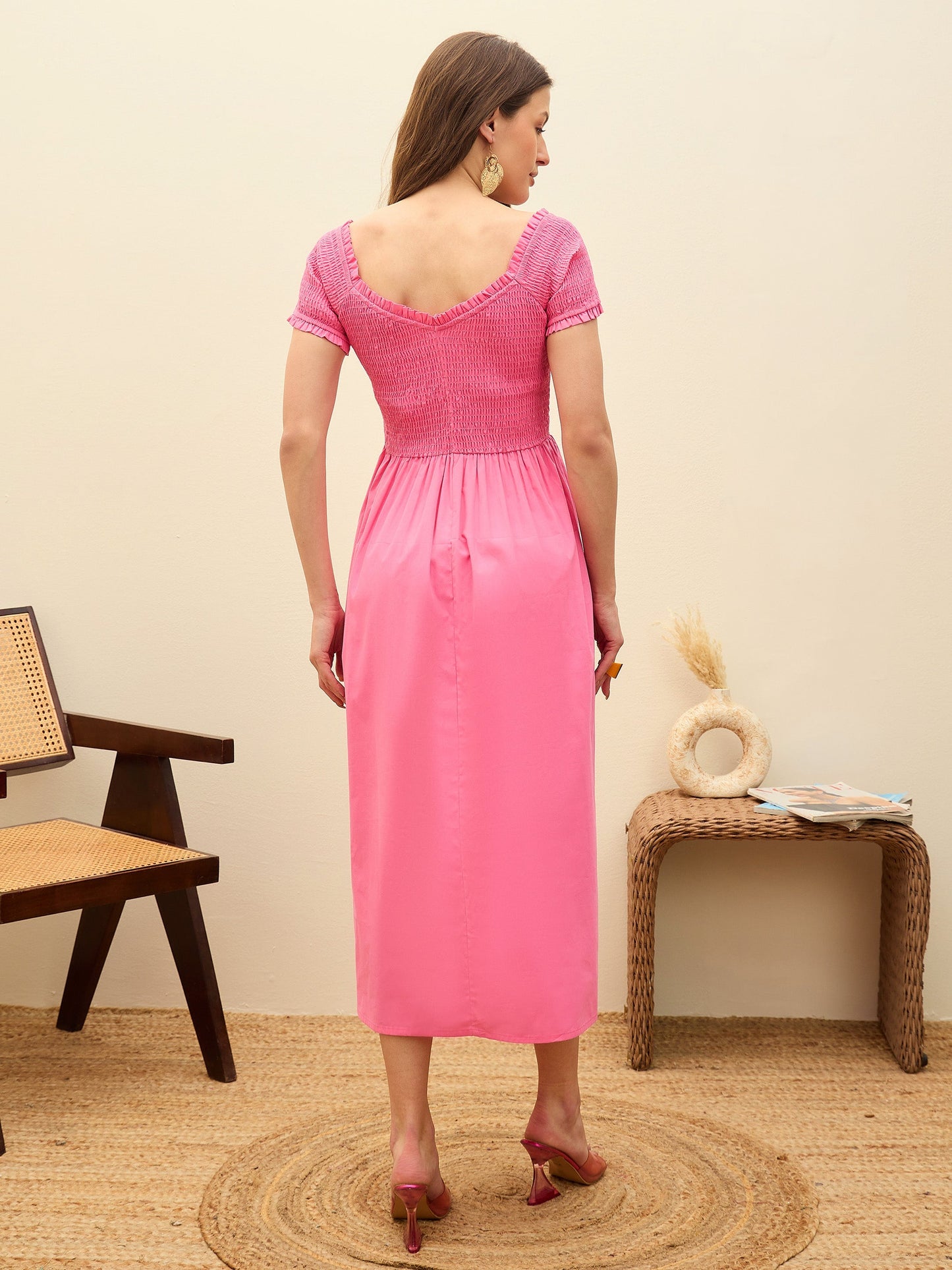 Women Pink Poplin Smocked Midi Dress