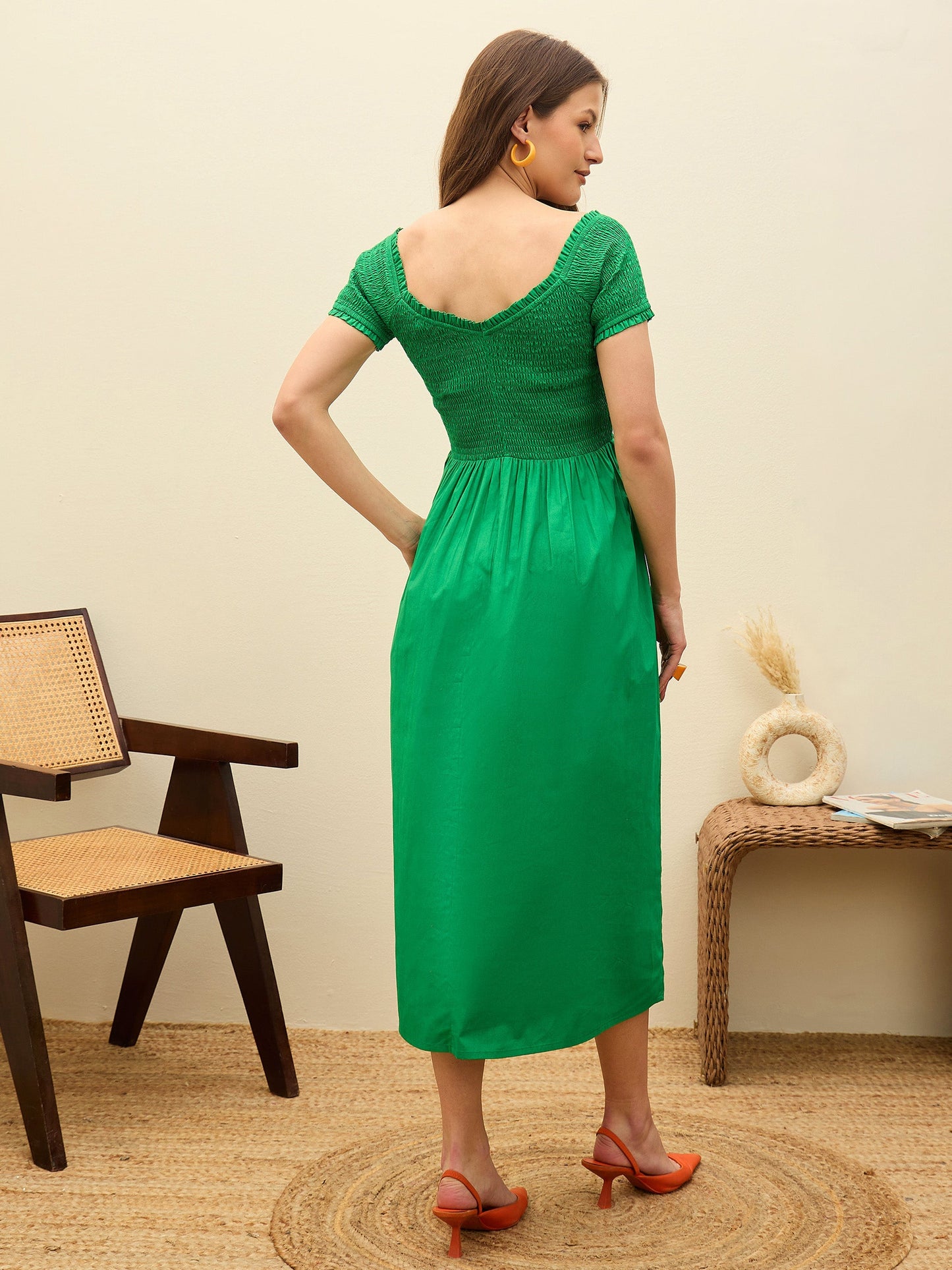 Women Green Poplin Smocked Midi Dress