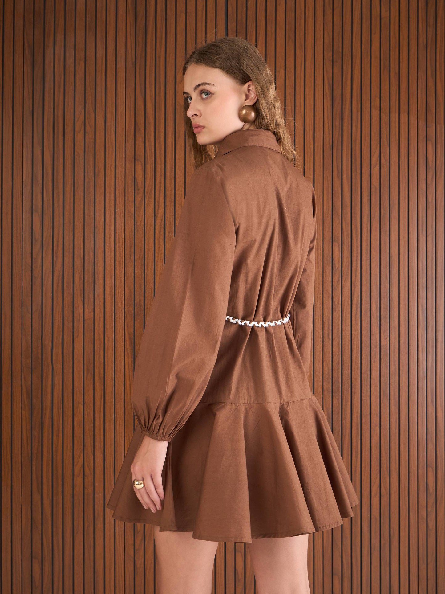 Women Brown Poplin Flared Skater Dress