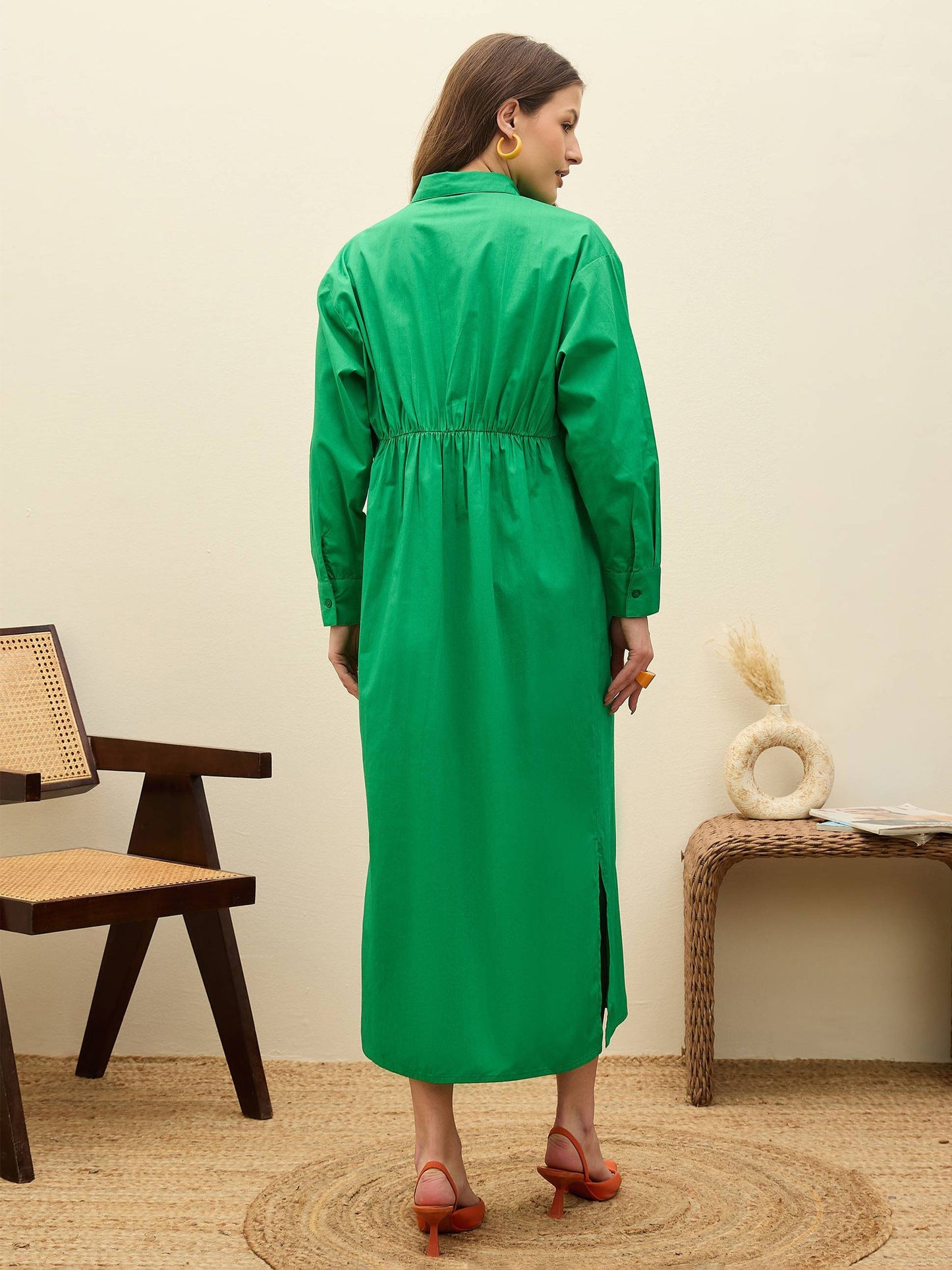 Women Green Poplin Longline Shirt Dress