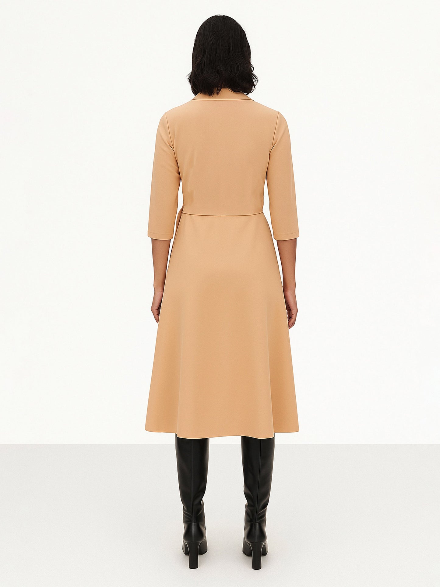 Beige Notch Collar Wrap Midi Dress