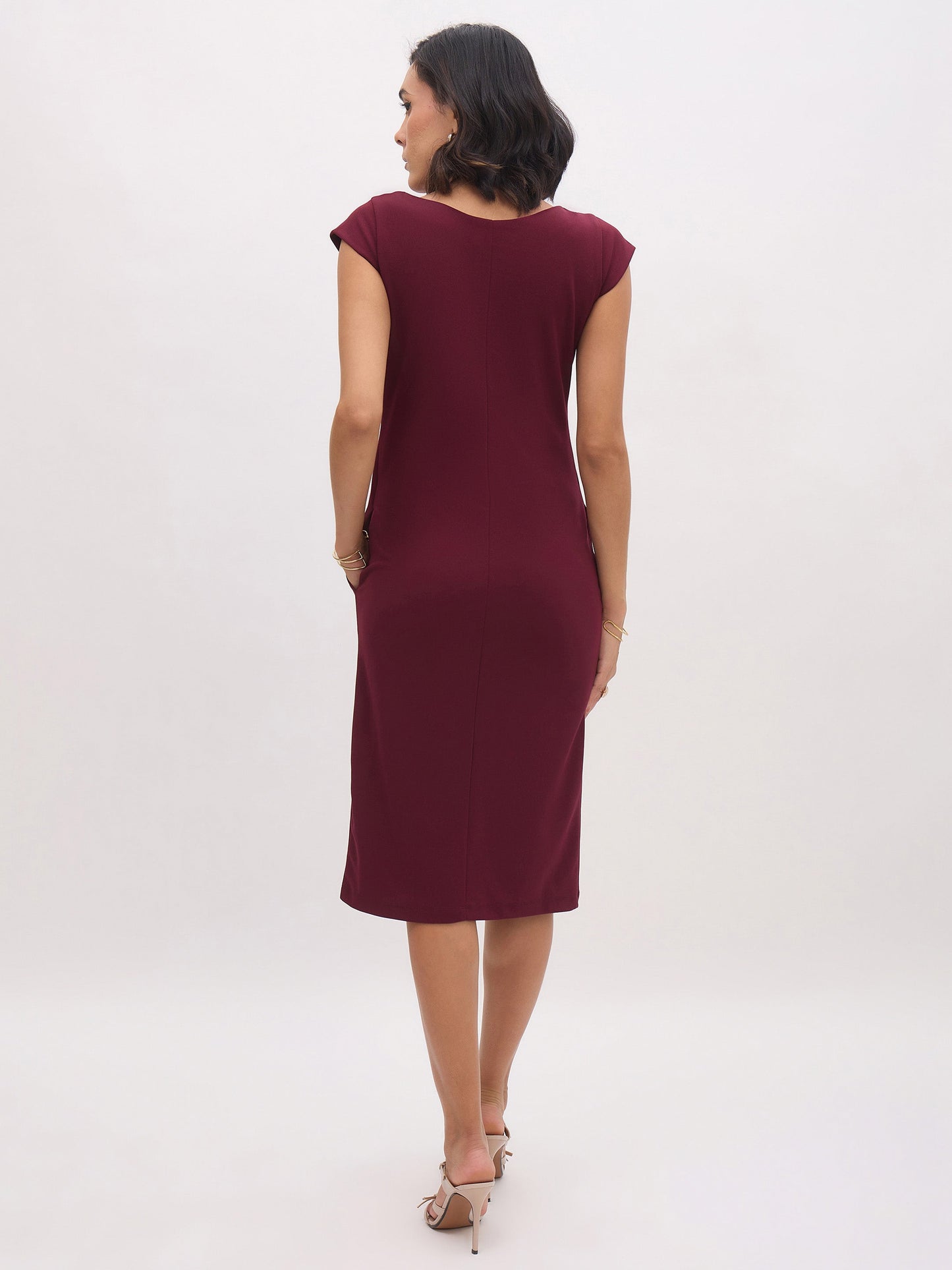 Burgundy Round Neck Button Midi Dress