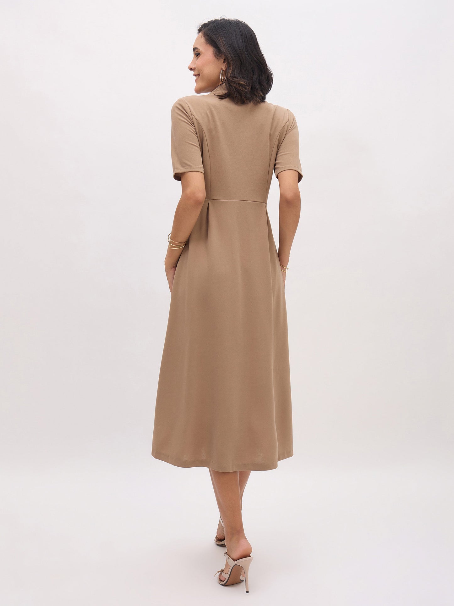 Women Beige Notch Collar Button Midi Dress