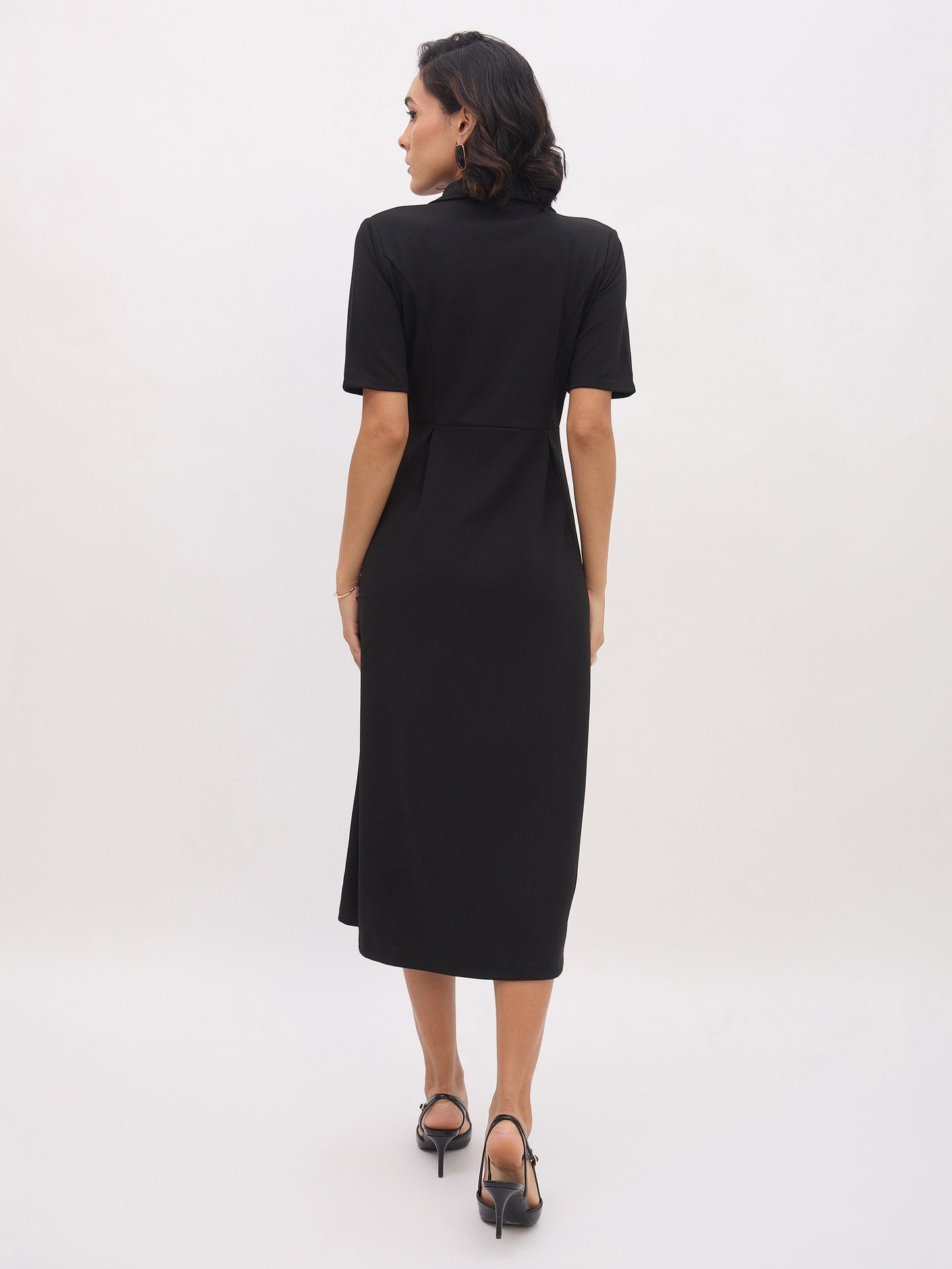Women Black Notch Collar Button Midi Dress