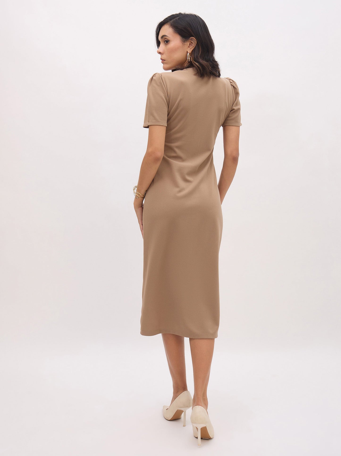 Women Beige V Neck Button Belt Midi dress