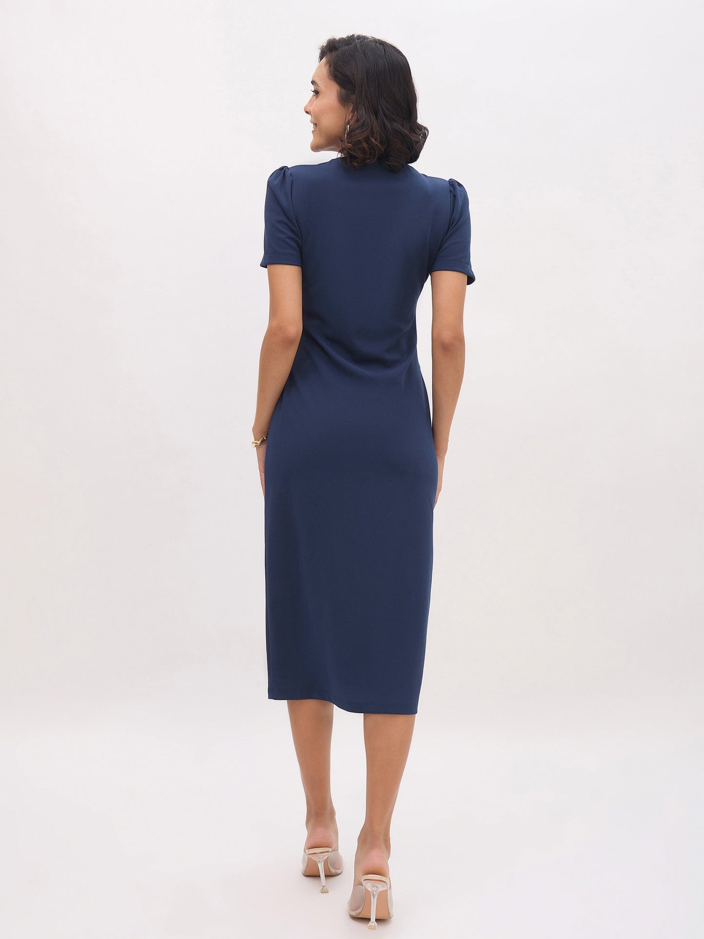 Women Blue V Neck Button Belt Midi dress