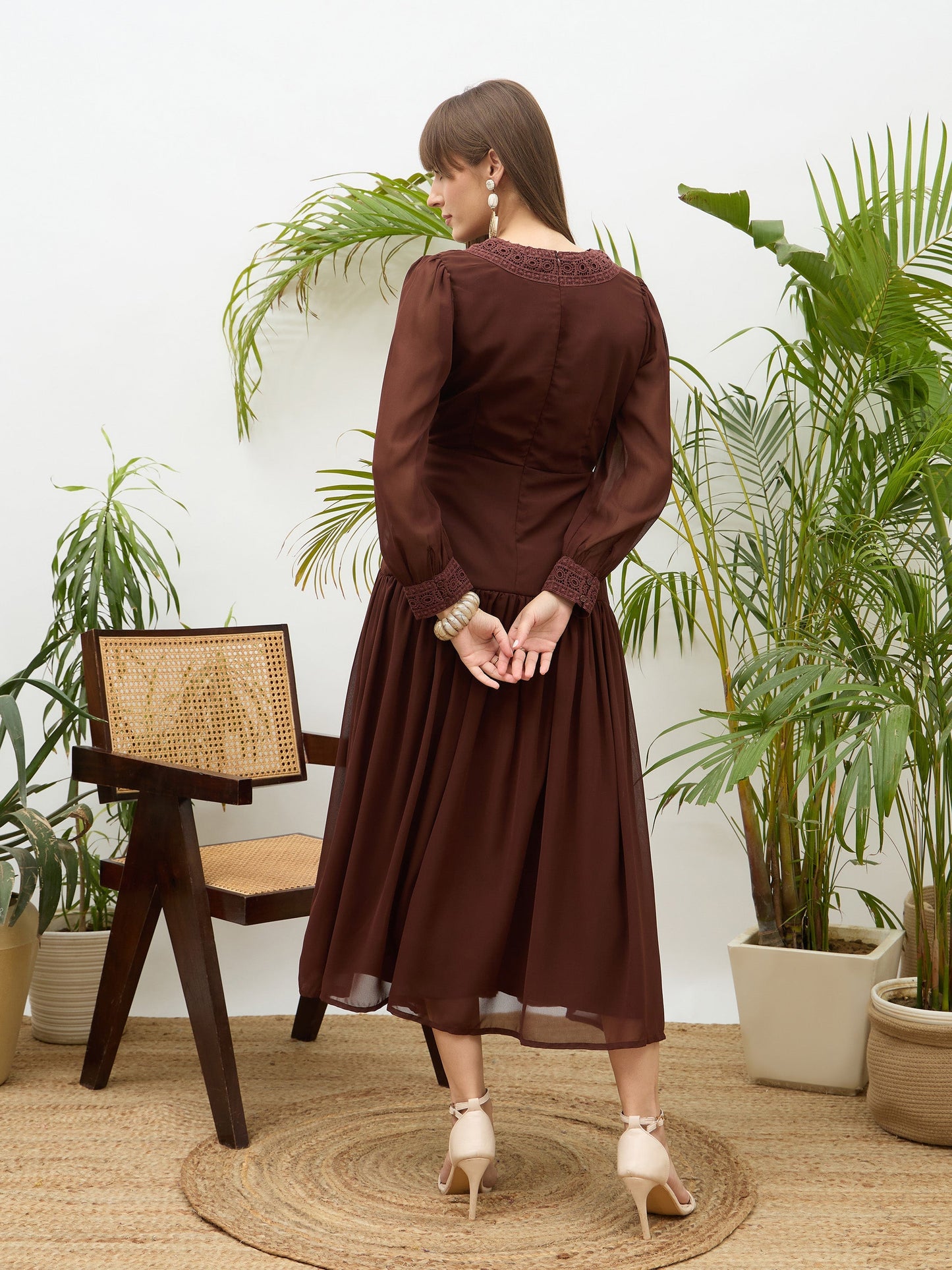 Women Dark Brown V-Neck Lace Detail Maxi Dress