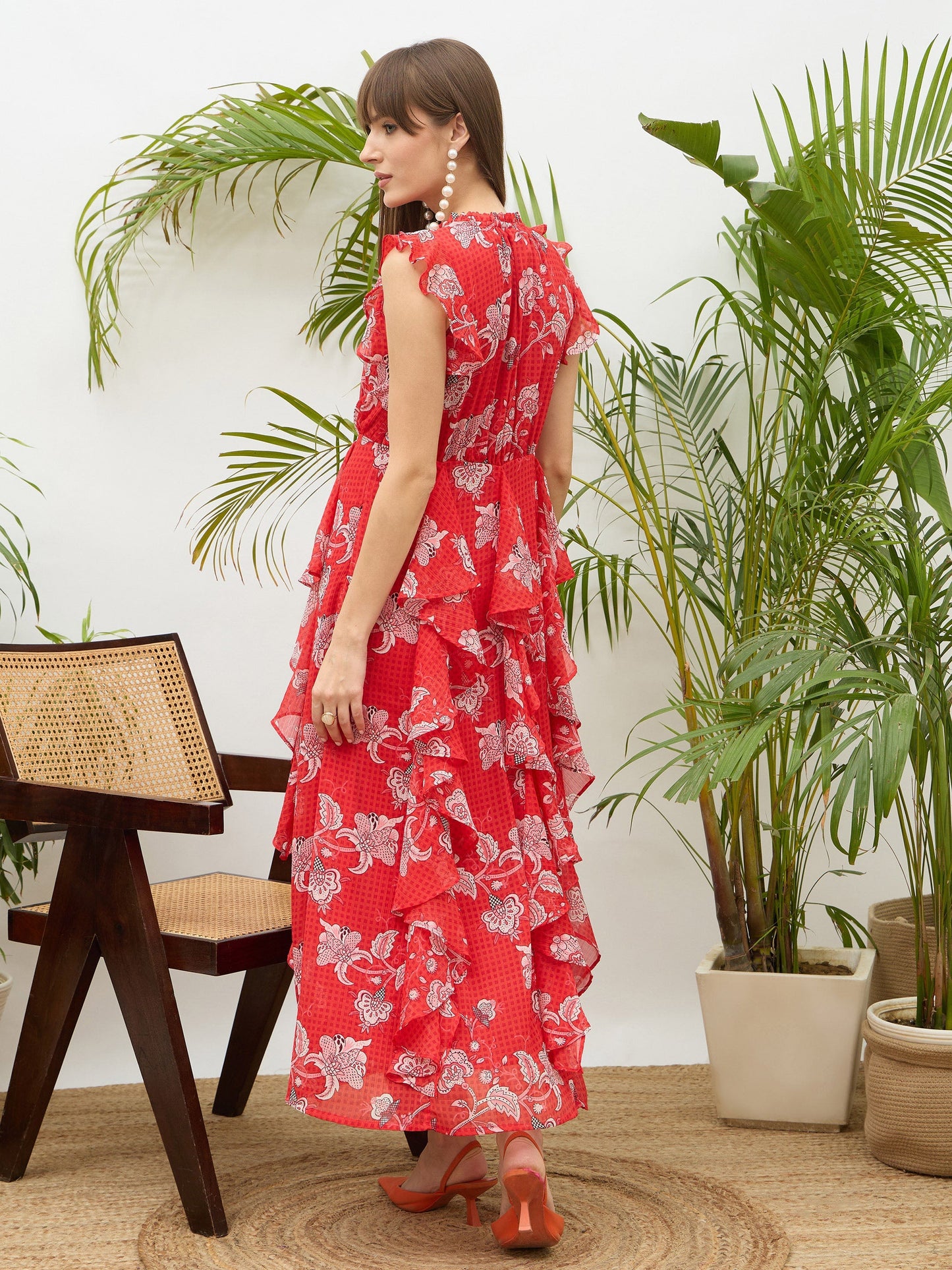 Women Red Floral Front Ruffle Detail Maxi Dress