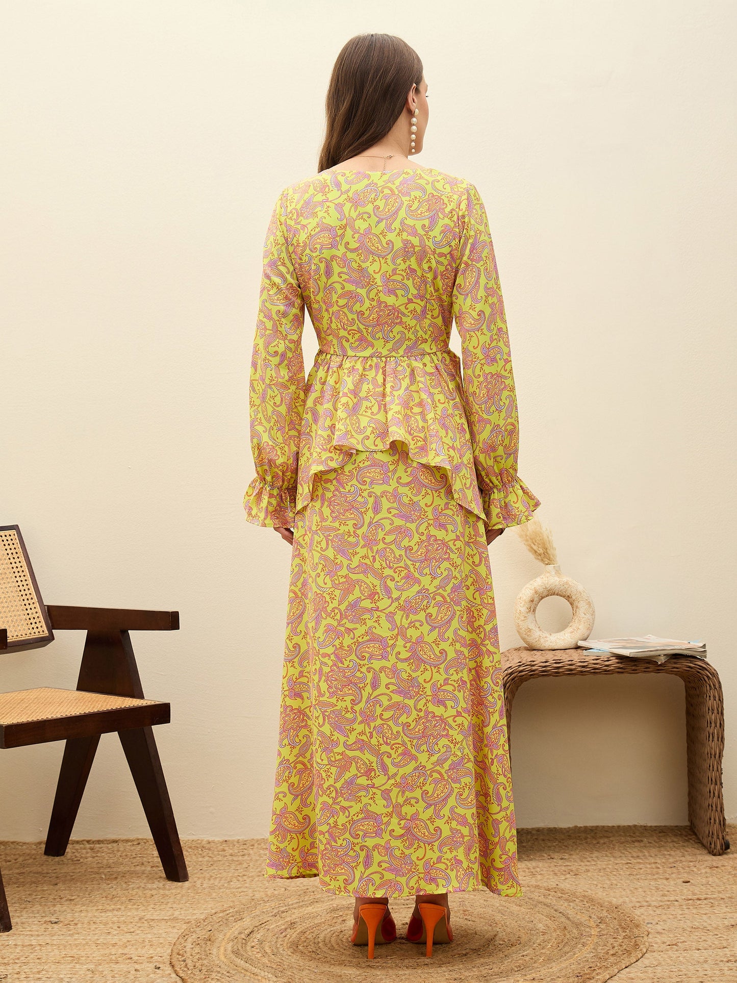 Women Neon Green Paisley Peplum Maxi Dress