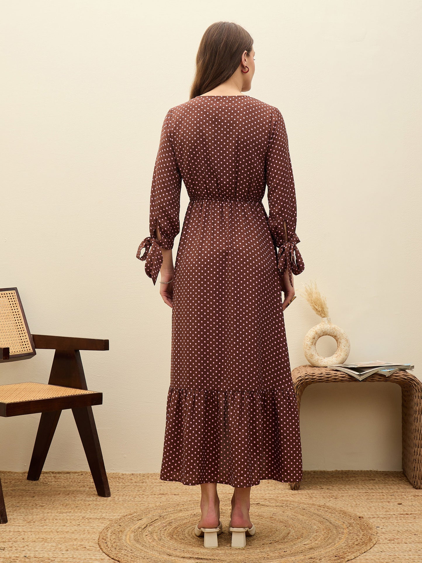 Women Brown Polka Dot Asymmetric Hem Maxi Dress