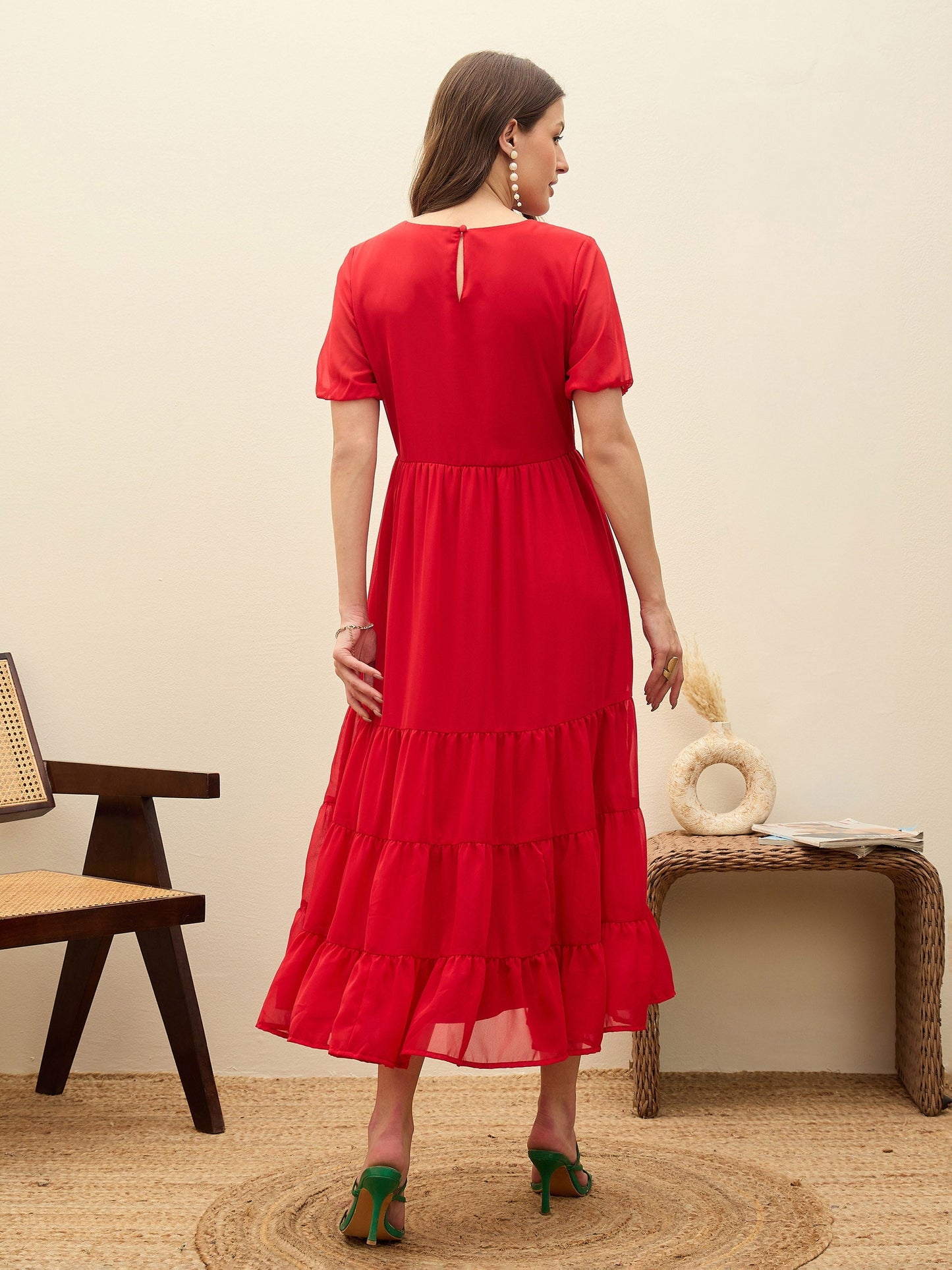 Women Red Solid Tiered Maxi Dress