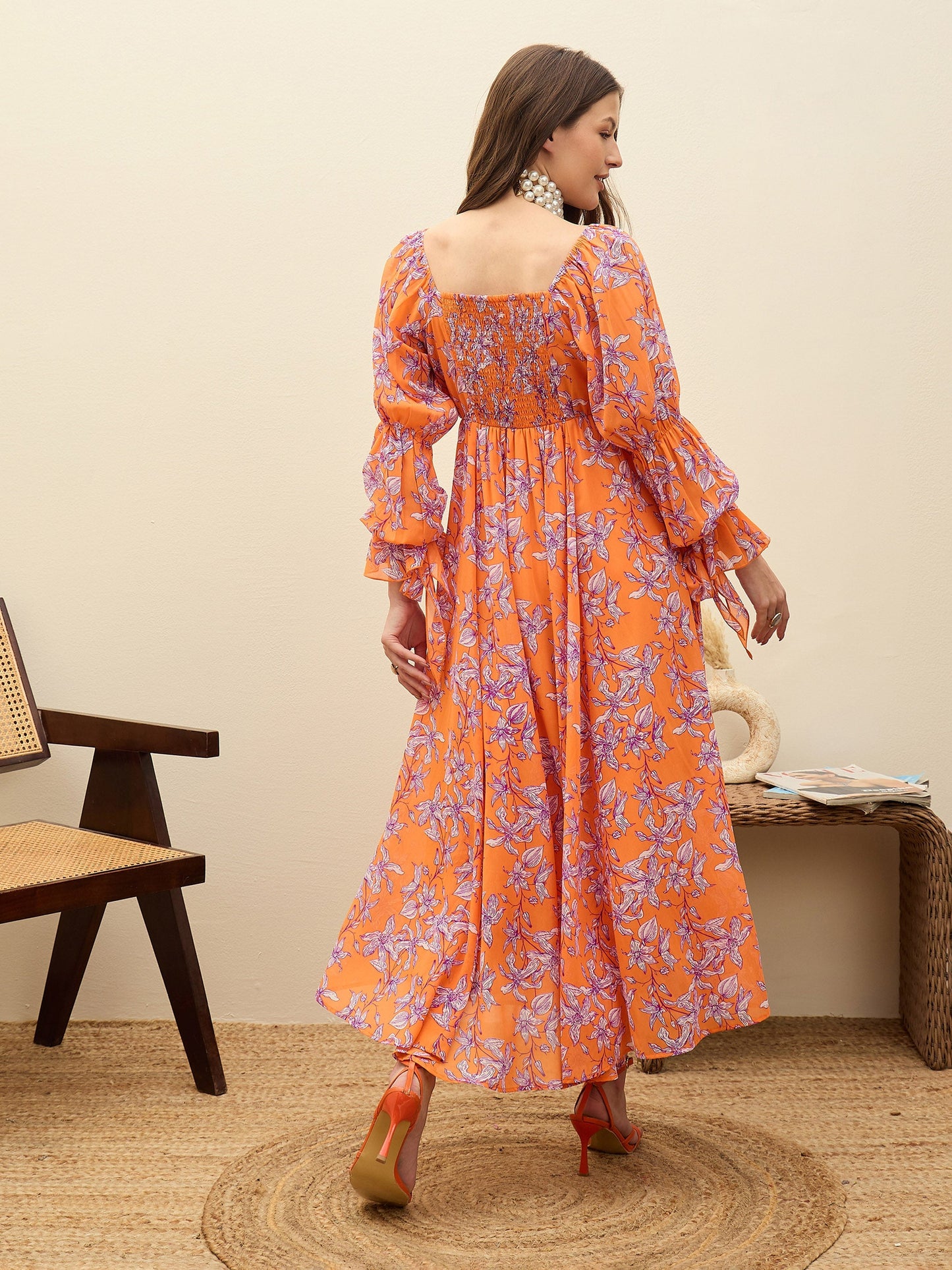 Women Orange Floral Square Neck Maxi Dress
