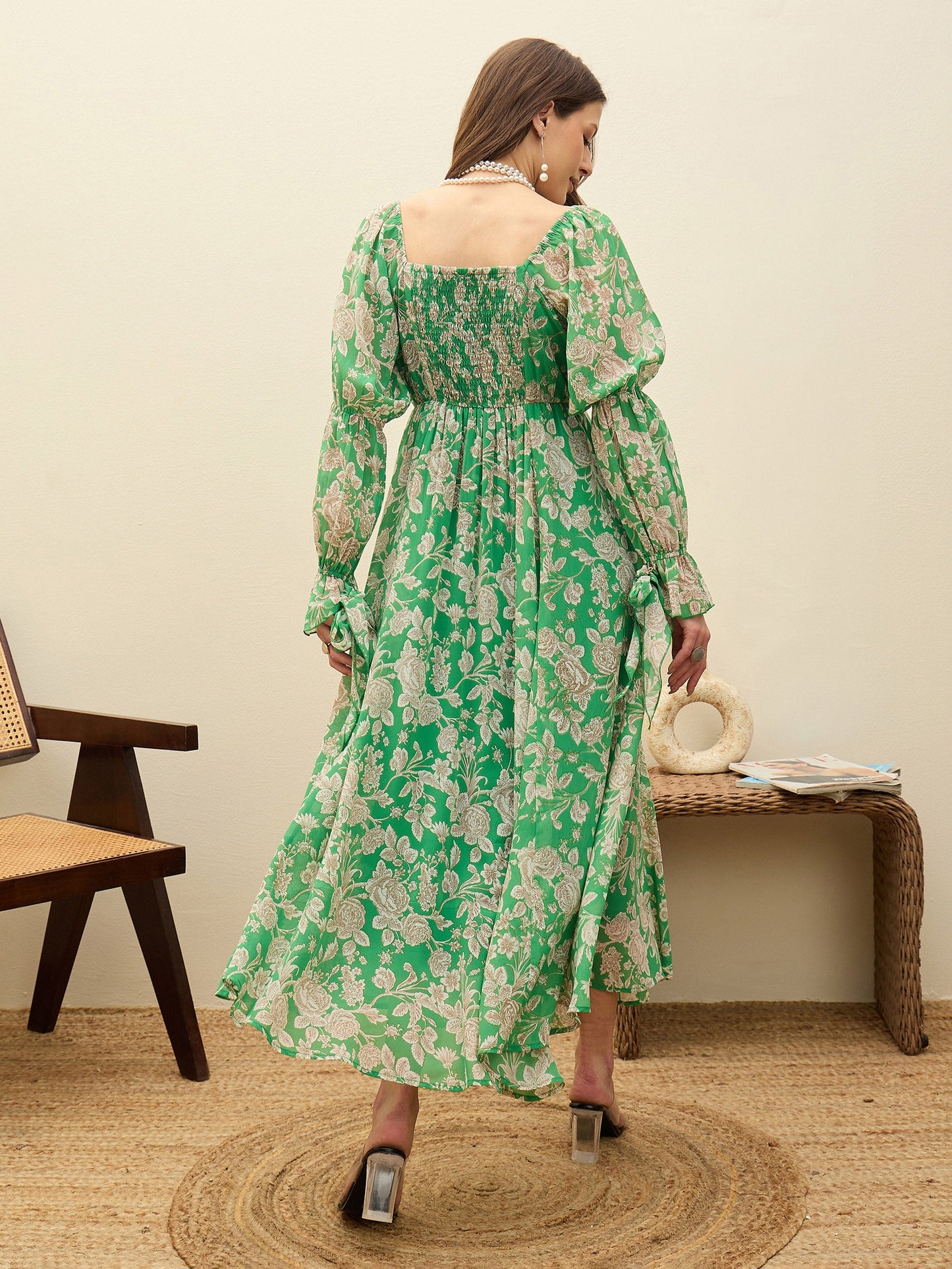 Green Floral Square Neck Maxi Dress