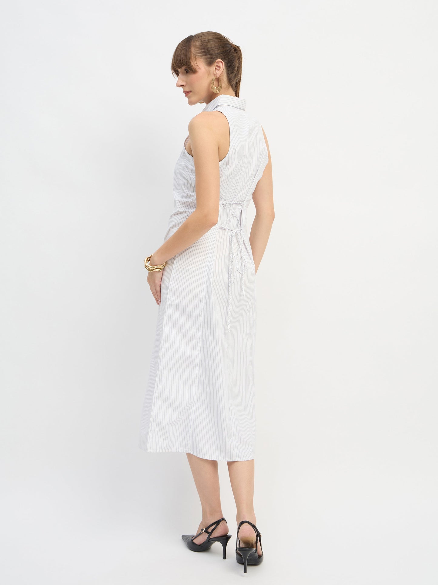 Women White & Blue Stripes Sleeveless Midi Dress