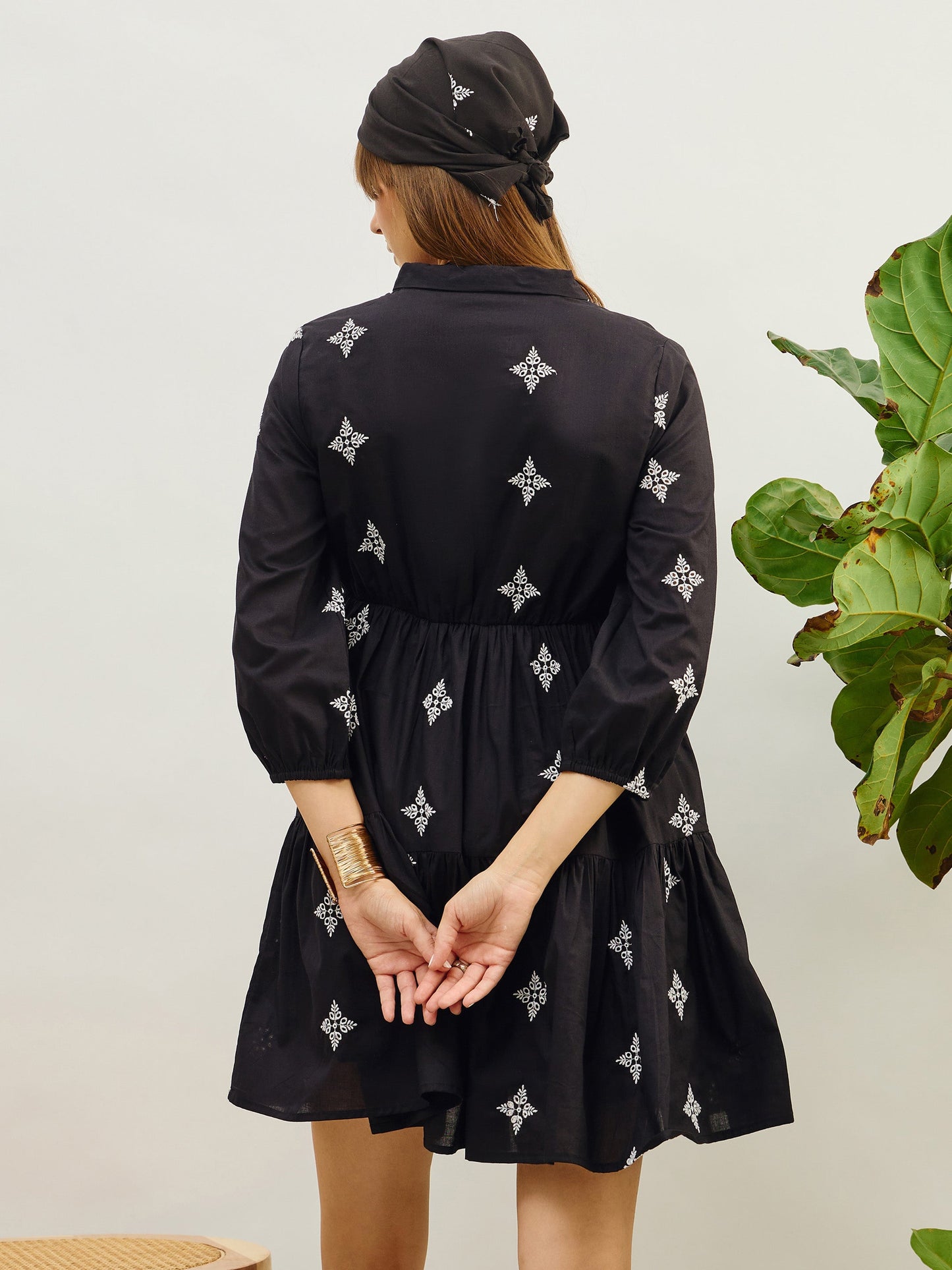 Women Black Embroidered Shawl Collar Tiered Dress