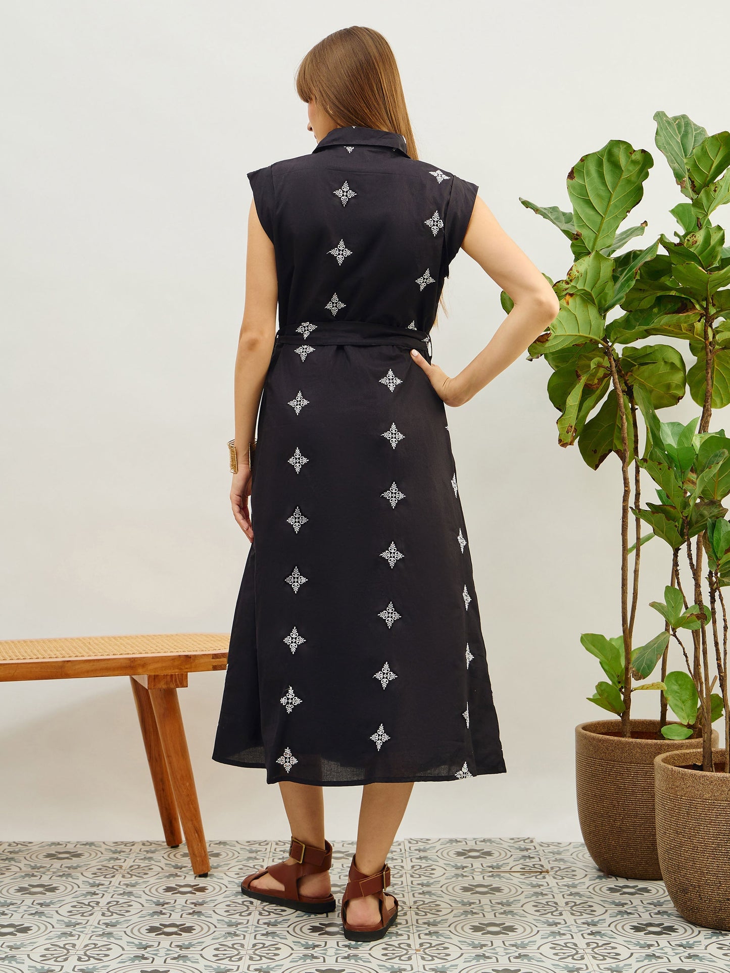 Women Black Embroidered Button Down Midi Dress