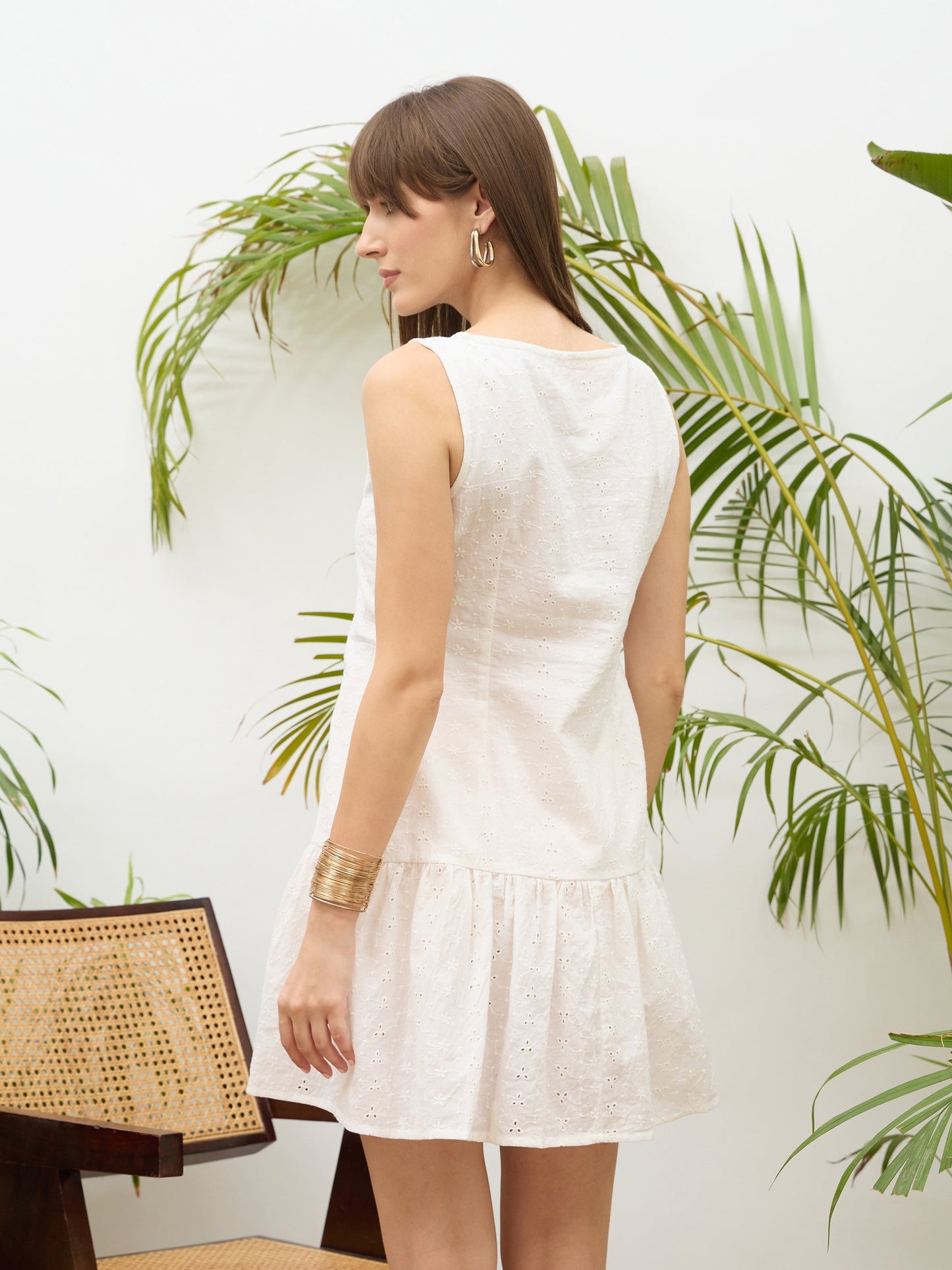 Women White Schiffli Sleeveless Gathered Short Dress