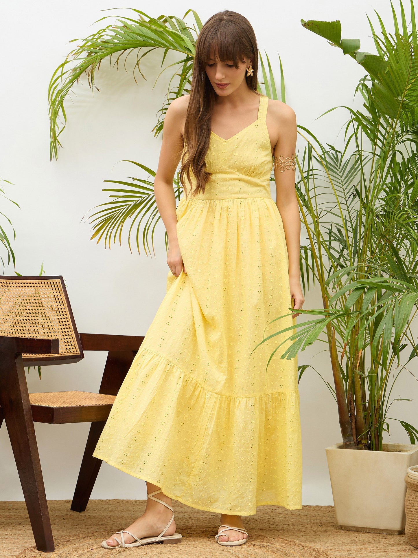 Women Yellow Sweetheart Neck Strappy Maxi Dress