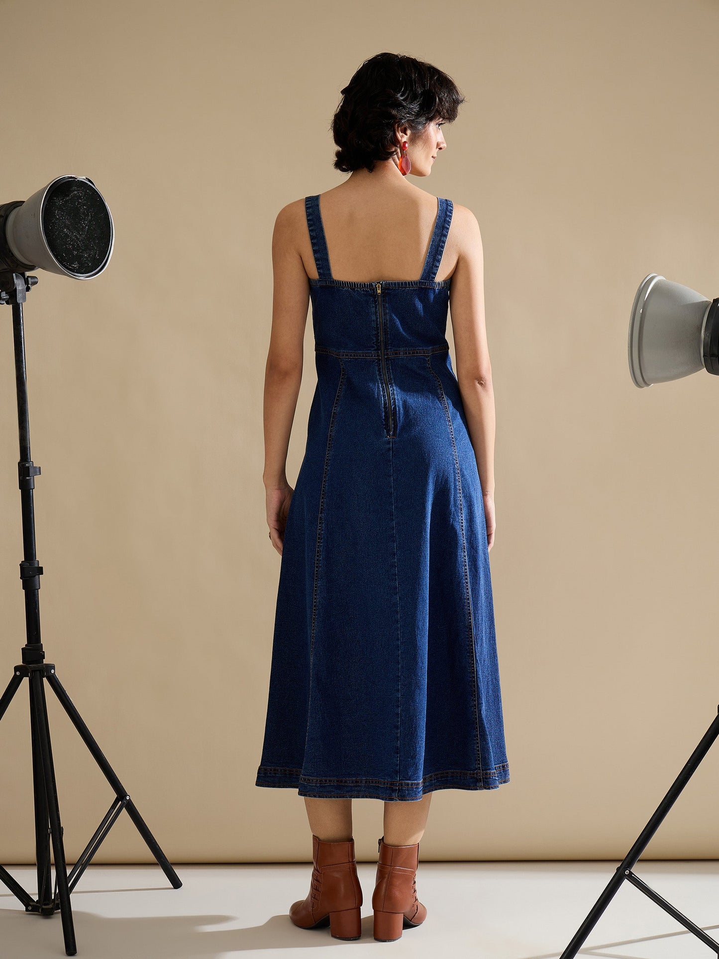 Women Navy Denim Strappy A-Line Midi Dress
