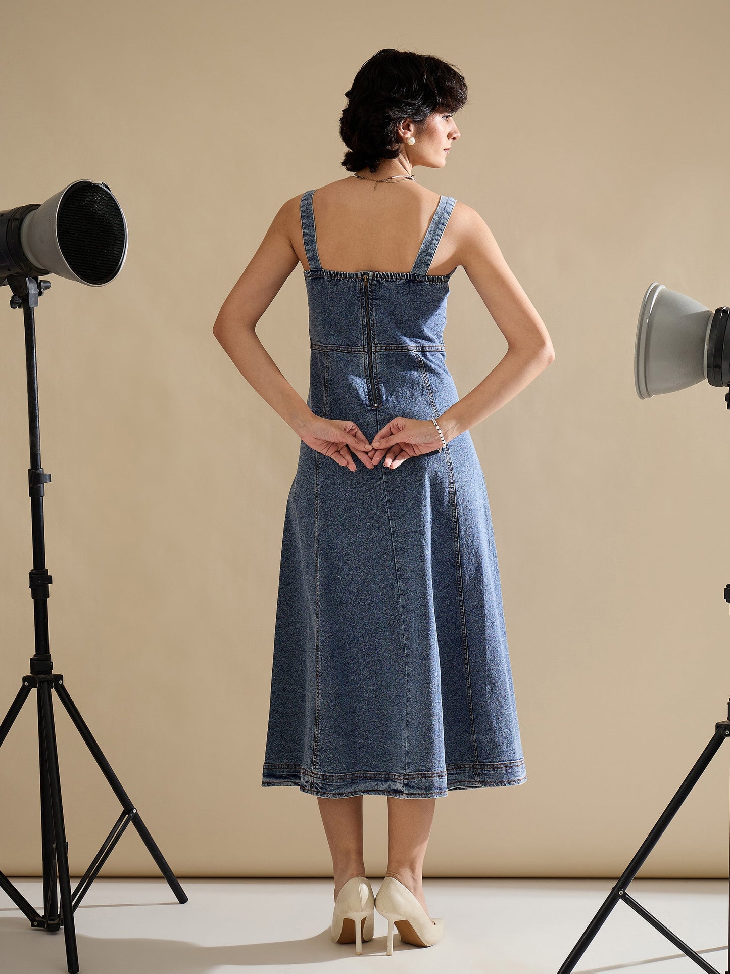 Women Blue Wash Denim Strappy A-Line Midi Dress